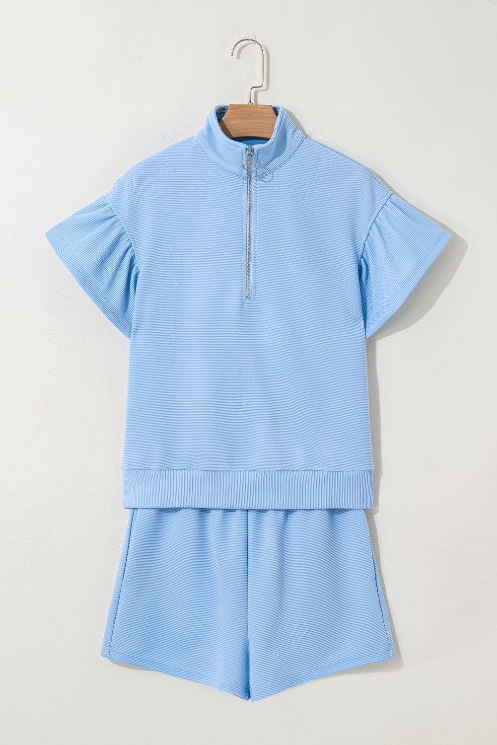 Women's Beau Blue Ribbed Texture Half Zip Ruffled Short Sleeve Top and Shorts Set - Detail View 9 Women's Beau Blue Ribbed Texture Half Zip Ruffled Short Sleeve Top and Shorts Set - Detail View 9