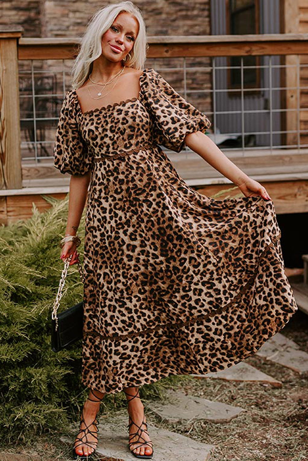 Trendy Brown Leopard Maxi Dress with Square Neck and Puff Sleeves - Detail View 6 Trendy Brown Leopard Maxi Dress with Square Neck and Puff Sleeves - Detail View 6