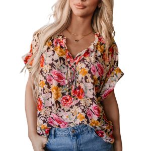 Charming Women's Pink Floral Print Crew Neck Short Sleeve Shift Blouse - Main View