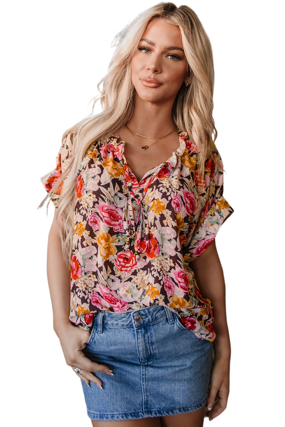 Charming Women's Pink Floral Print Crew Neck Short Sleeve Shift Blouse - Main View Charming Women's Pink Floral Print Crew Neck Short Sleeve Shift Blouse - Main View