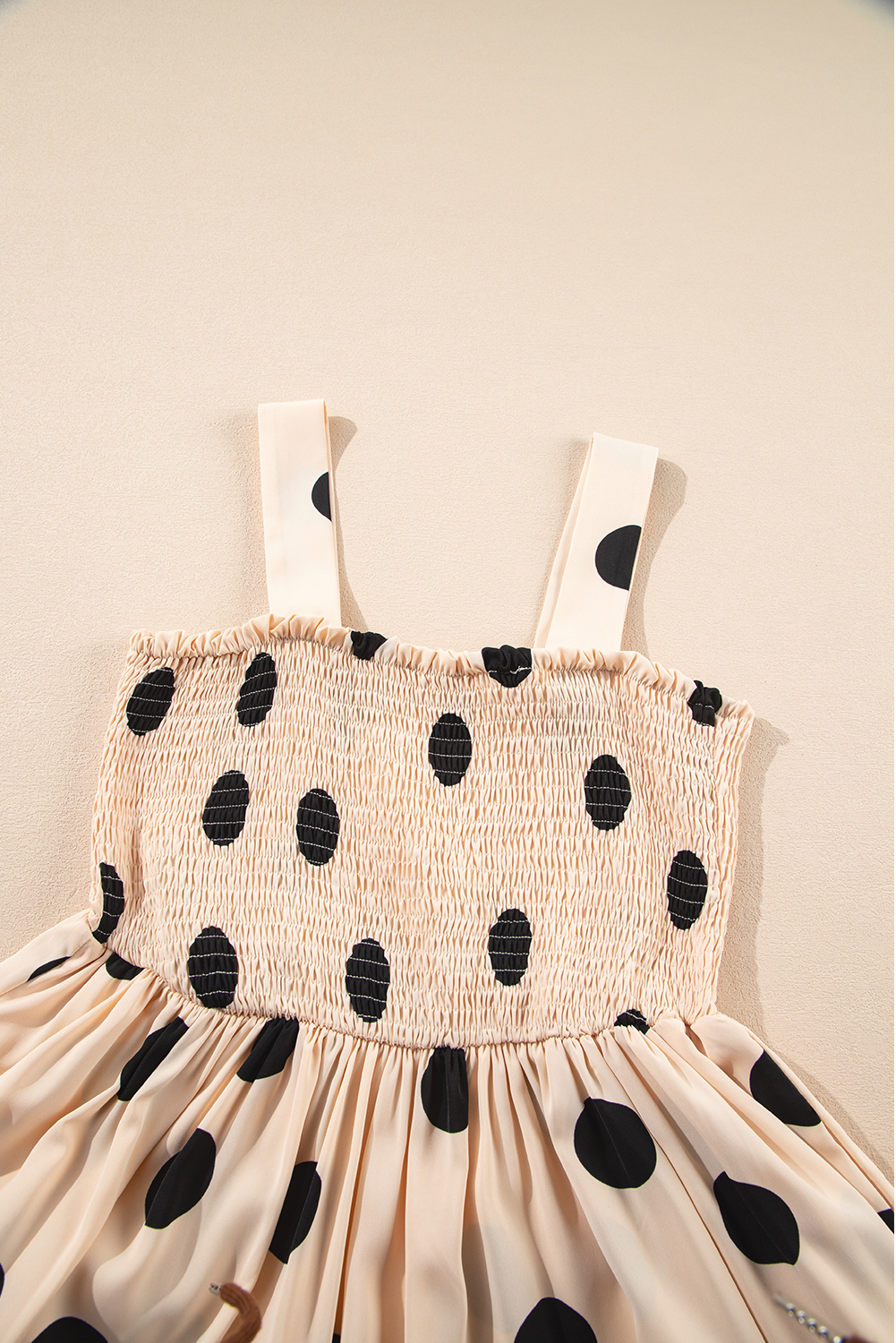 Women's Oatmeal Polka Dot Smocked Fit & Flared Sleeveless Long Dress - Detail View 9 Women's Oatmeal Polka Dot Smocked Fit & Flared Sleeveless Long Dress - Detail View 9