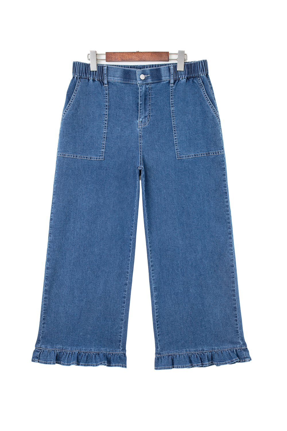 Stylish Sail Blue Plus Size Denim Pants with Elastic Waist – Ruffled Wide Leg Design - Detail View 21 Stylish Sail Blue Plus Size Denim Pants with Elastic Waist – Ruffled Wide Leg Design - Detail View 21