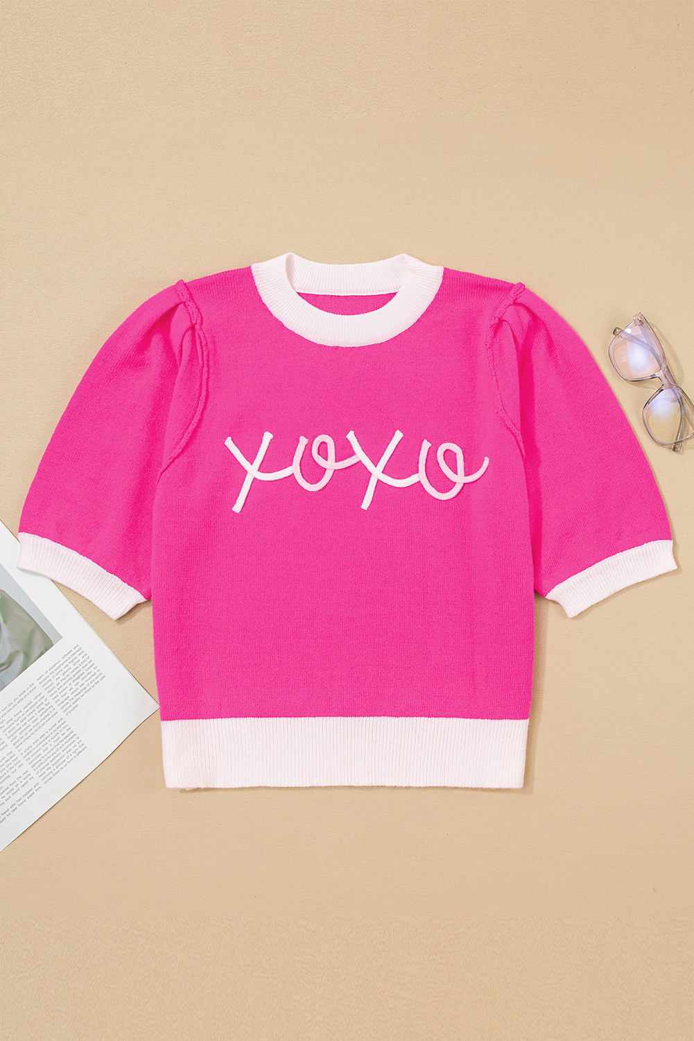 Valentine's Pink Contrast Trim Puff Sleeve Sweater for Women - Detail View 2 Valentine's Pink Contrast Trim Puff Sleeve Sweater for Women - Detail View 2