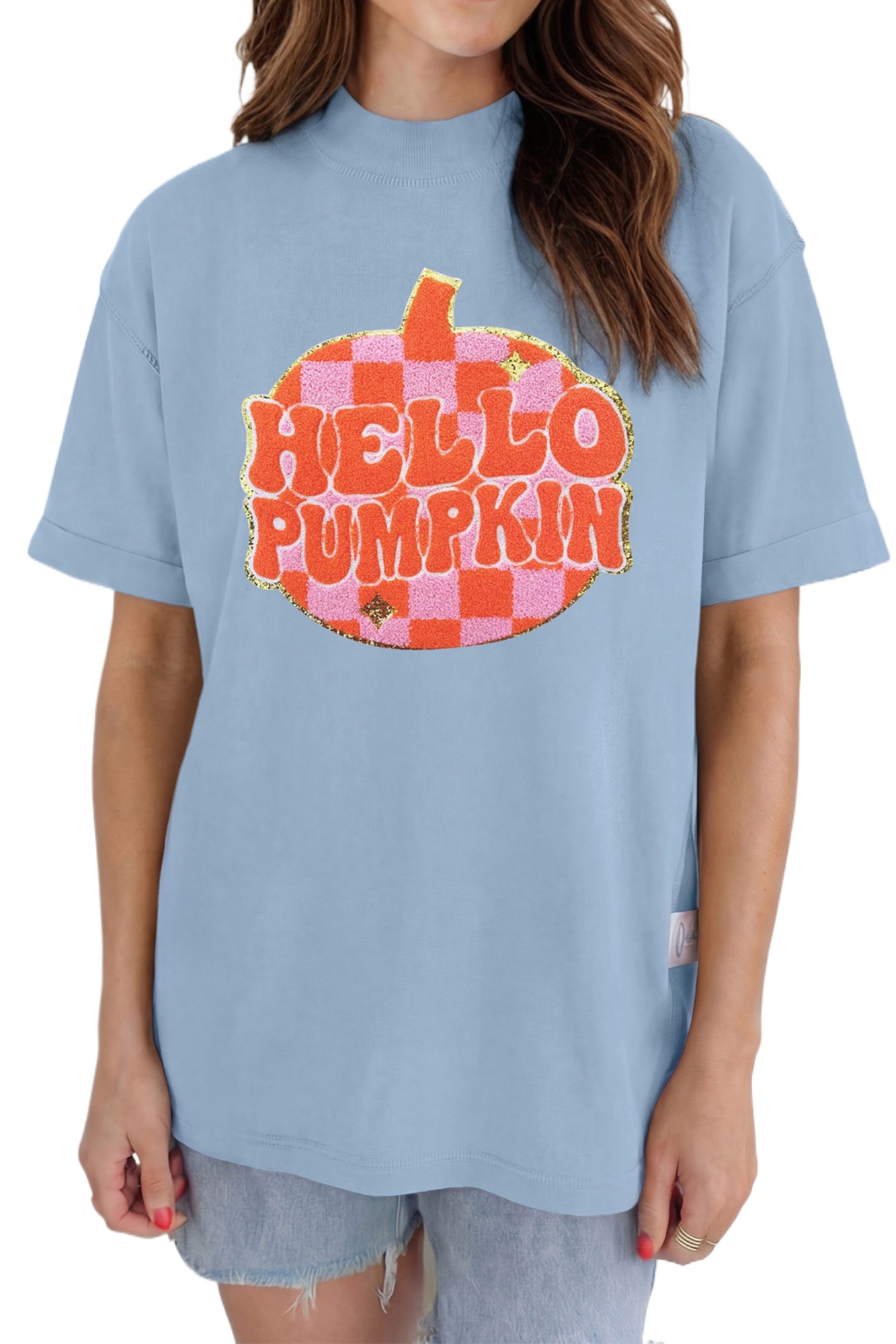 Women's Hello Pumpkin Tee, Casual High Neck Short Sleeve - Main View Women's Hello Pumpkin Tee, Casual High Neck Short Sleeve - Main View