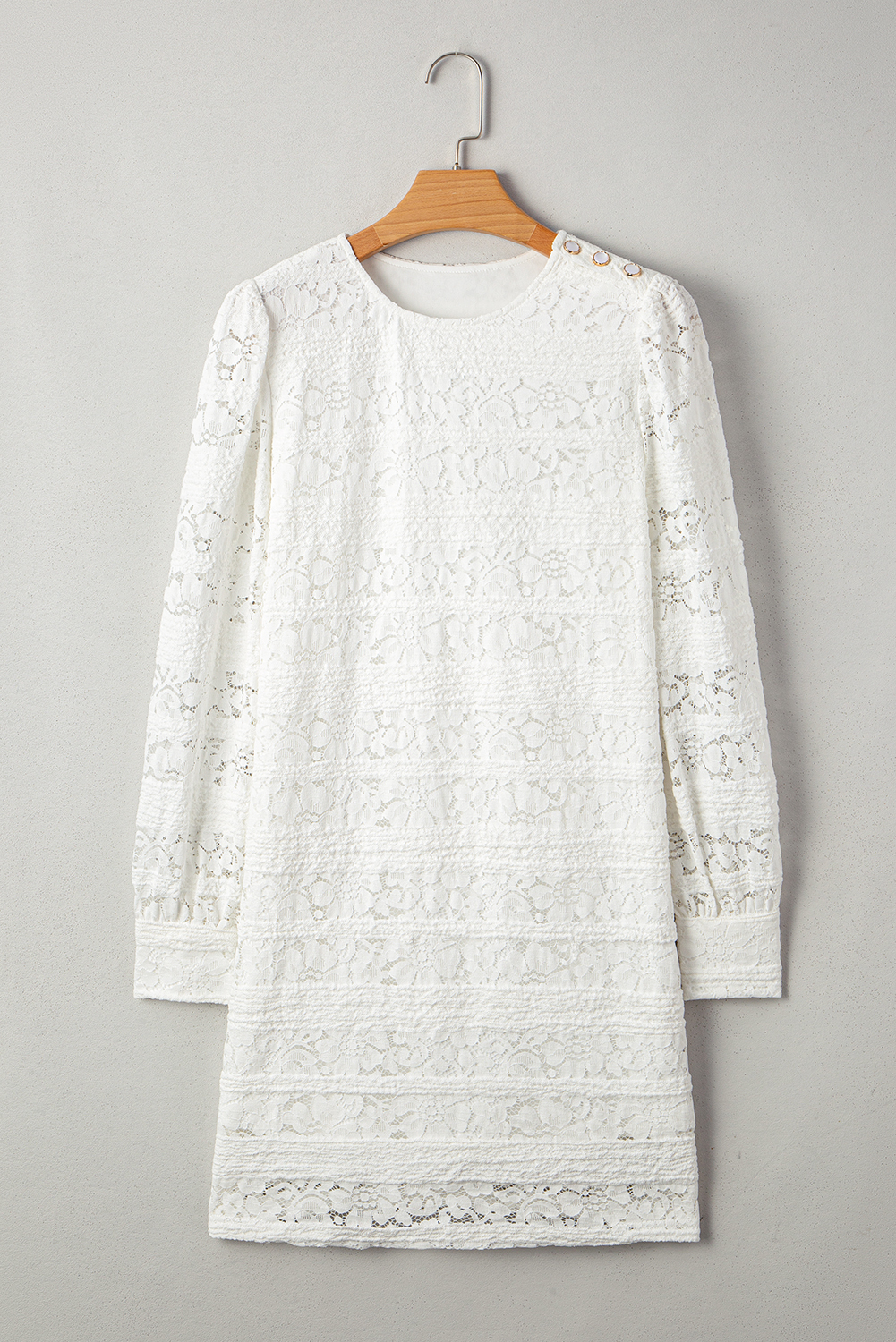 Chic White Lace Mini Dress with Long Puff Sleeves and Round Neck for Daily Occasions - Detail View 6 Chic White Lace Mini Dress with Long Puff Sleeves and Round Neck for Daily Occasions - Detail View 6
