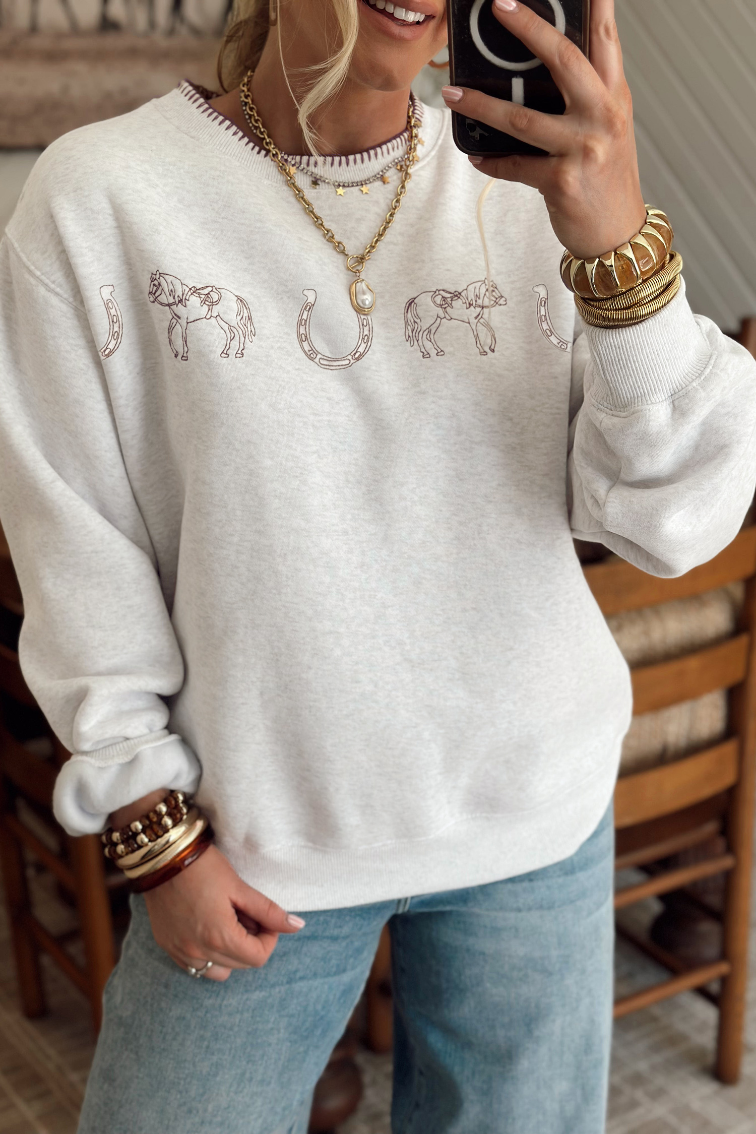 Women's Western Print Sweatshirt, Embroidered Grey Pullover - Detail View 2 Women's Western Print Sweatshirt, Embroidered Grey Pullover - Detail View 2