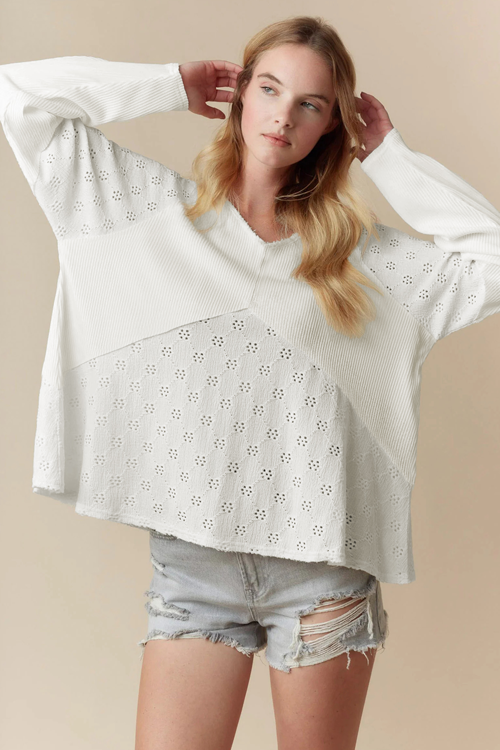 Casual White Long Sleeve Top with Unique Patchwork Embroidery Design - Detail View 6 Casual White Long Sleeve Top with Unique Patchwork Embroidery Design - Detail View 6