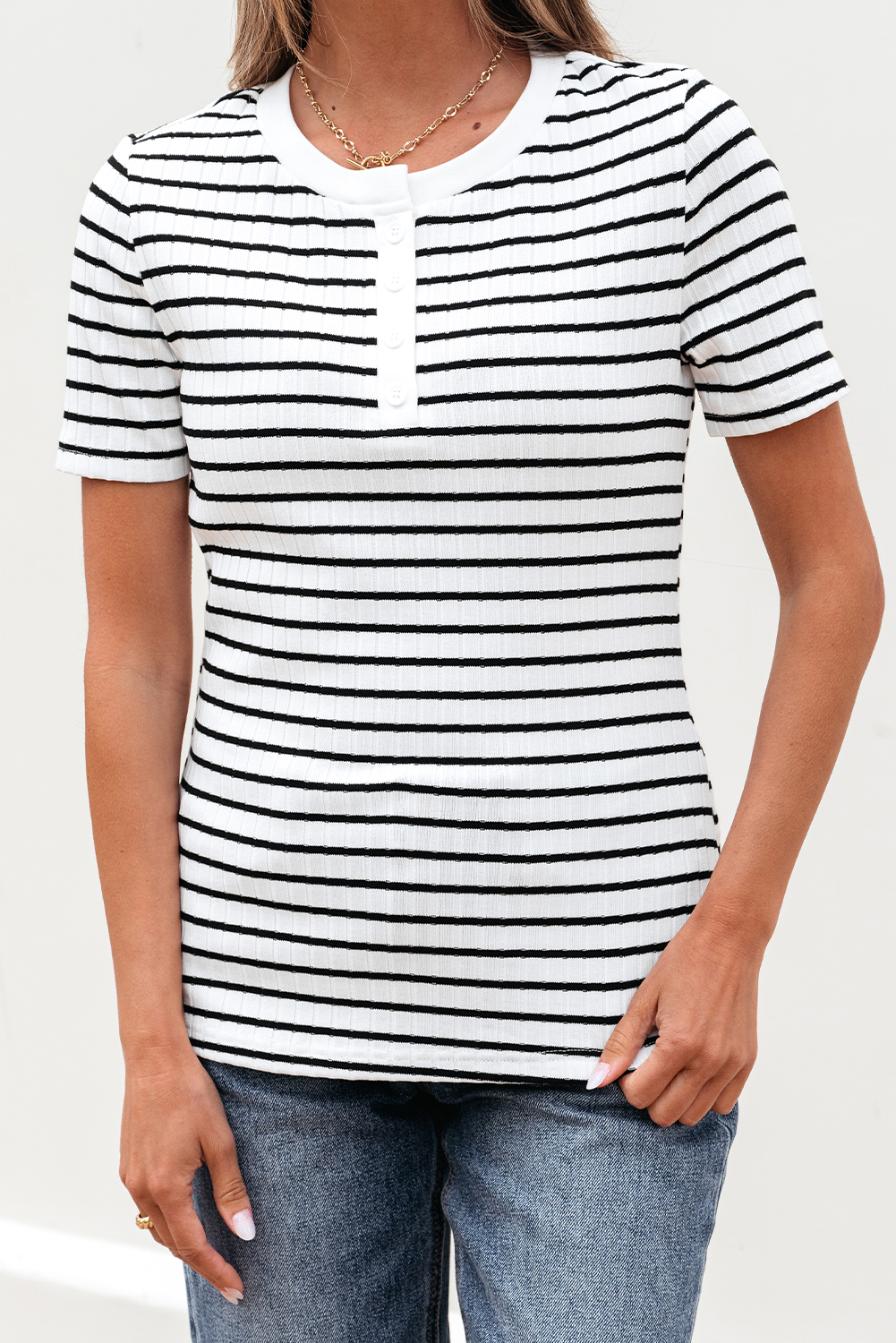 Women's Top, White Stripe, Textured, Short Sleeve, Buttoned Henley, Casual Style, Summer Fashion, Comfortable Fit, Breezy Design, Timeless Silhouette, Crew Neck, Everyday Wear, Tops & Tees - Detail View 8 Women's Top, White Stripe, Textured, Short Sleeve, Buttoned Henley, Casual Style, Summer Fashion, Comfortable Fit, Breezy Design, Timeless Silhouette, Crew Neck, Everyday Wear, Tops & Tees - Detail View 8