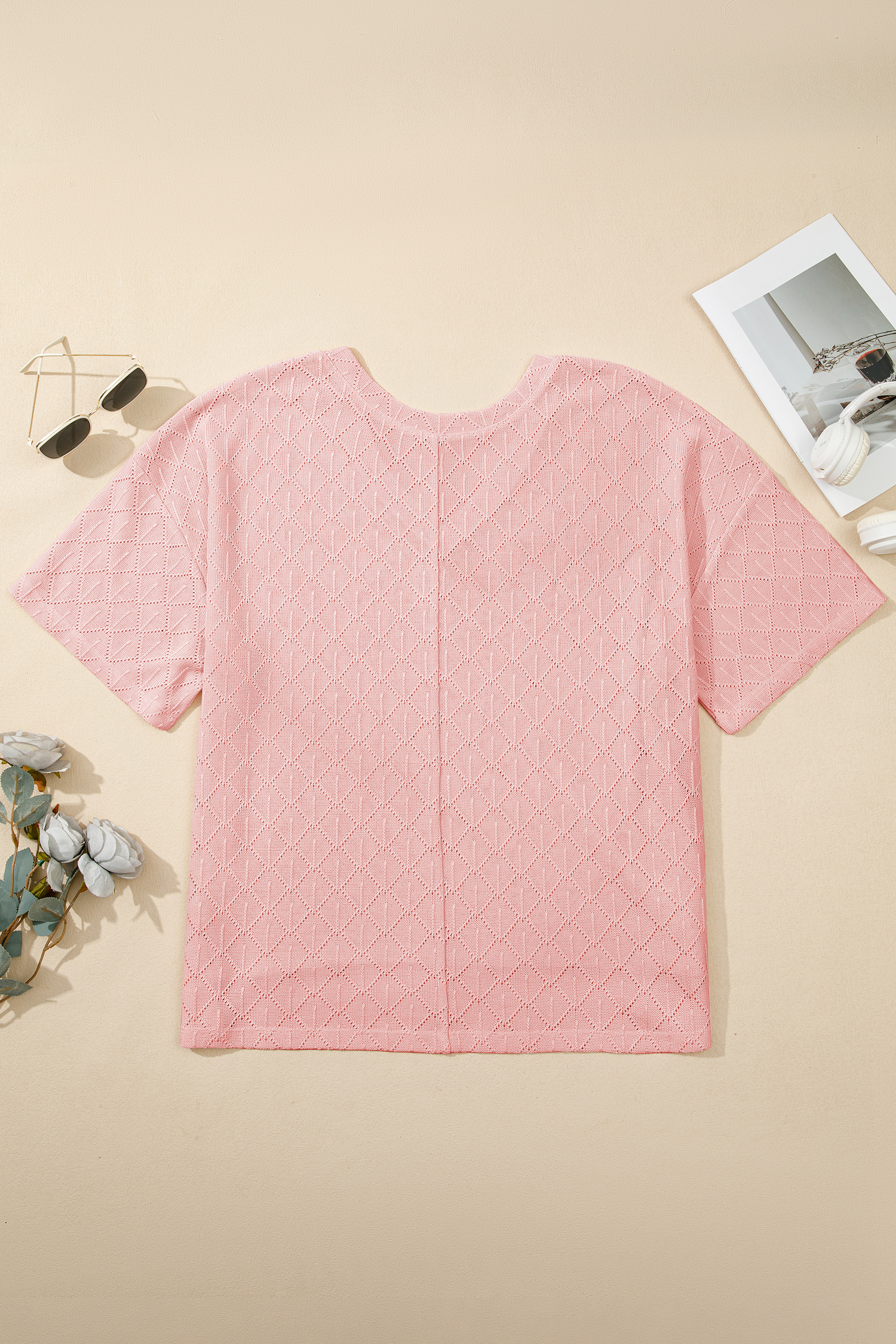 Women's Plus Size Light Pink V Neck Top – Versatile Pointelle Rhombus Knit for Daily Wear - Detail View 5 Women's Plus Size Light Pink V Neck Top – Versatile Pointelle Rhombus Knit for Daily Wear - Detail View 5