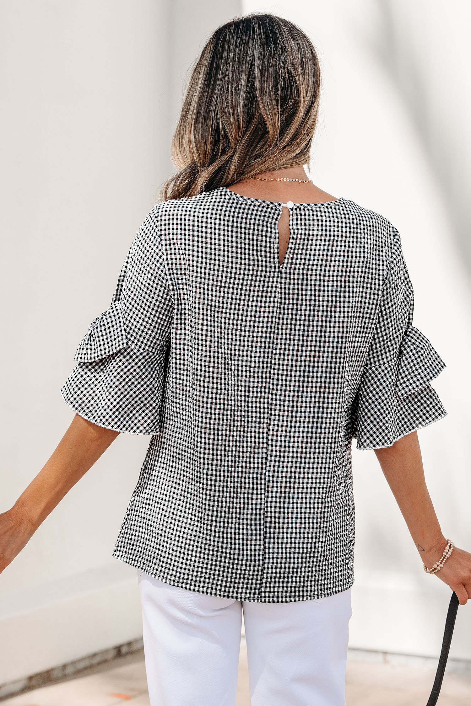 Chic Plaid Shift Top for Women - Ruffled Half Sleeve Round Neck Blouse, Summer Casual Style - Detail View 2 Chic Plaid Shift Top for Women - Ruffled Half Sleeve Round Neck Blouse, Summer Casual Style - Detail View 2