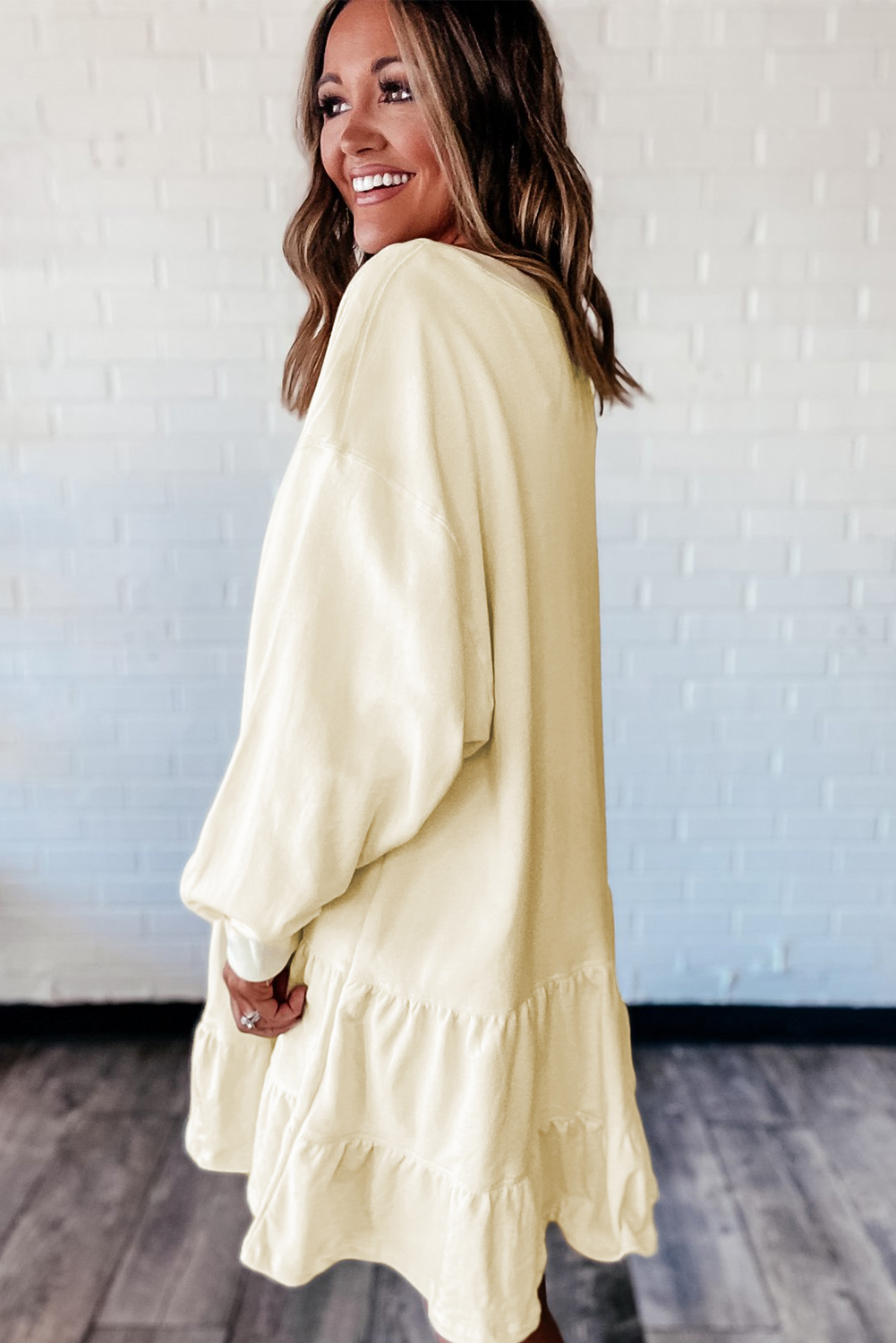 Stylish Beige Long Sleeve Mini Dress with Ruffle Hem - Perfect for Daily Wear - Detail View 2 Stylish Beige Long Sleeve Mini Dress with Ruffle Hem - Perfect for Daily Wear - Detail View 2