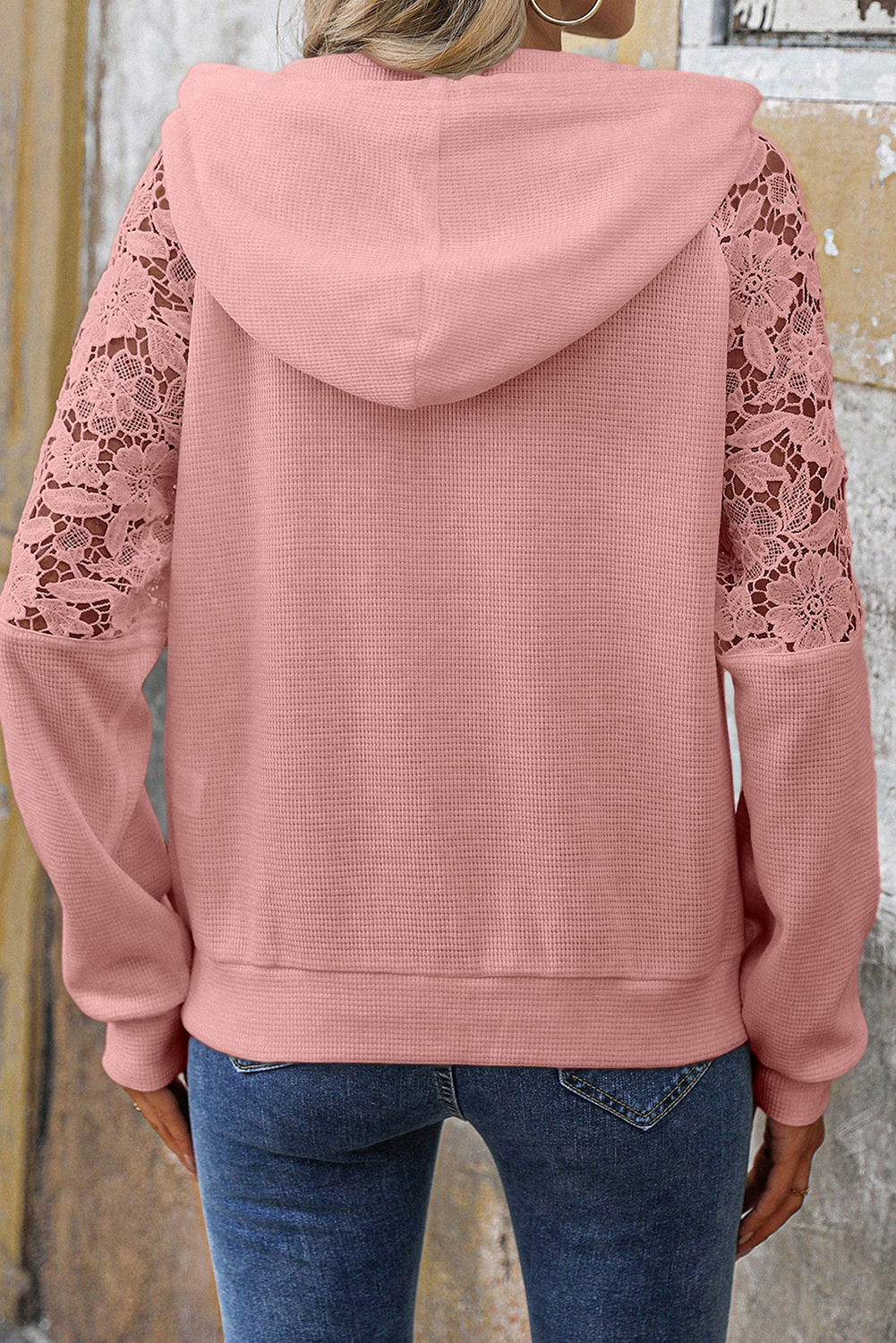 Women's Cozy Kangaroo Pocket Lace Waffle Hoodie for Everyday - Detail View 3 Women's Cozy Kangaroo Pocket Lace Waffle Hoodie for Everyday - Detail View 3