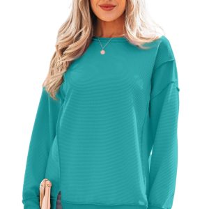 Casual Women's Sea Green Ribbed Drop Shoulder Pullover for Autumn Days - Main View