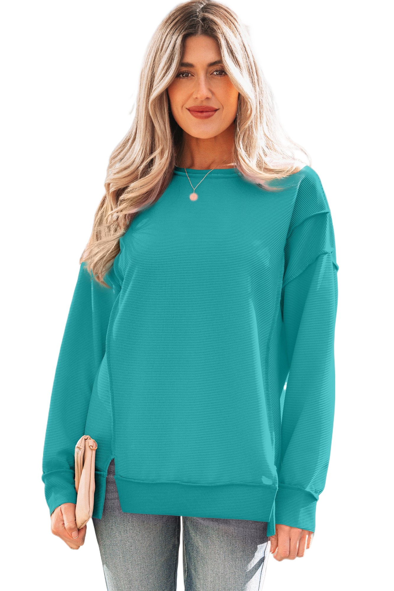 Casual Women's Sea Green Ribbed Drop Shoulder Pullover for Autumn Days - Main View Casual Women's Sea Green Ribbed Drop Shoulder Pullover for Autumn Days - Main View