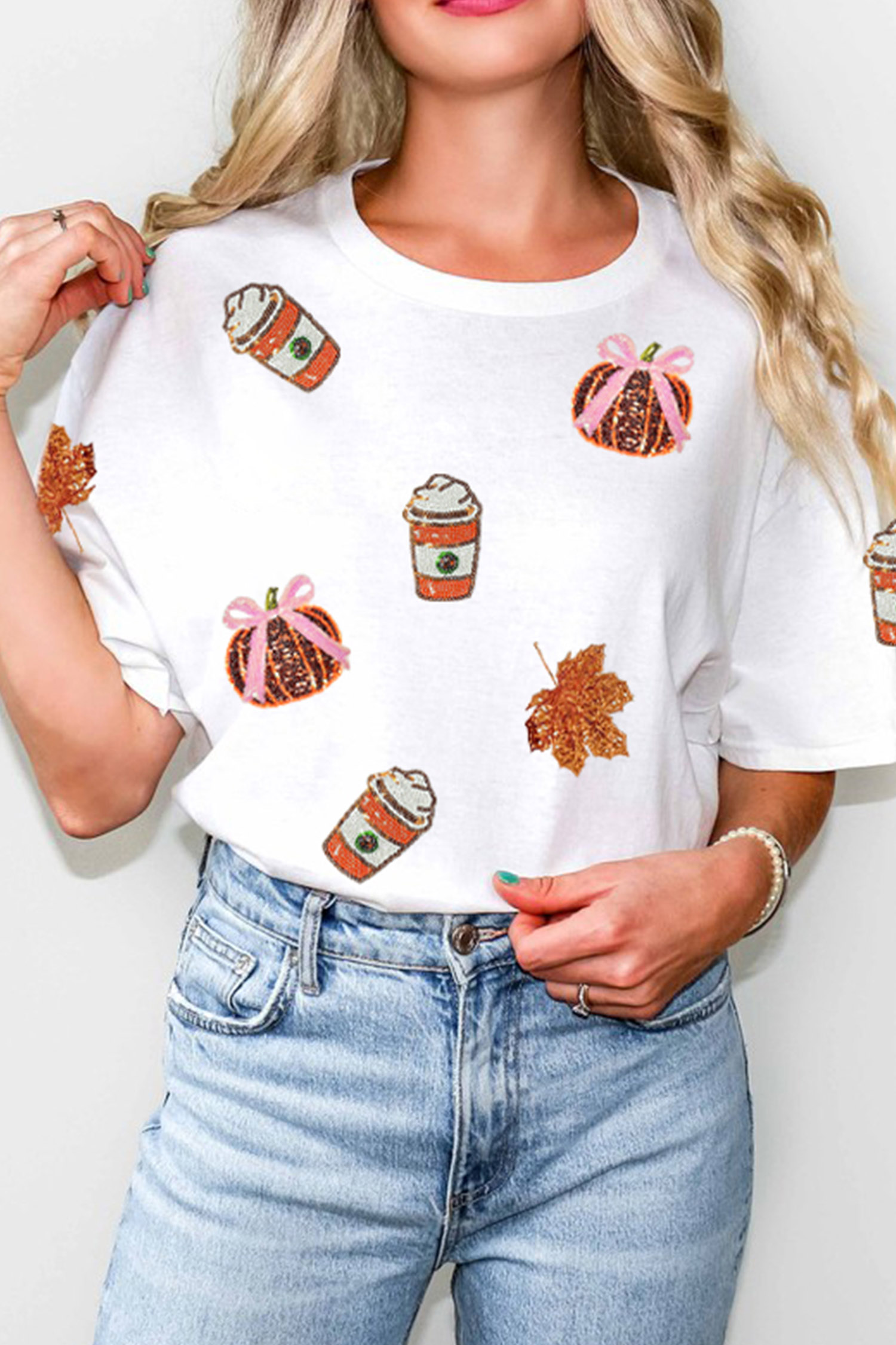 Casual Fall Graphic Shift Top, Women's Sequined Pumpkin Tee - Detail View 3 Casual Fall Graphic Shift Top, Women's Sequined Pumpkin Tee - Detail View 3