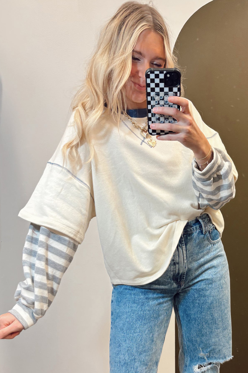 Casual Fall & Autumn Women's Two-in-One Top with Long Sleeves and Round Neck - Detail View 2 Casual Fall & Autumn Women's Two-in-One Top with Long Sleeves and Round Neck - Detail View 2