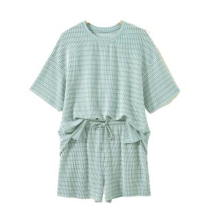Women's 2-Piece Striped Short Set – Green Ribbed Loose Tee and Drawstring Shorts, Casual Daily Outfit - Main View