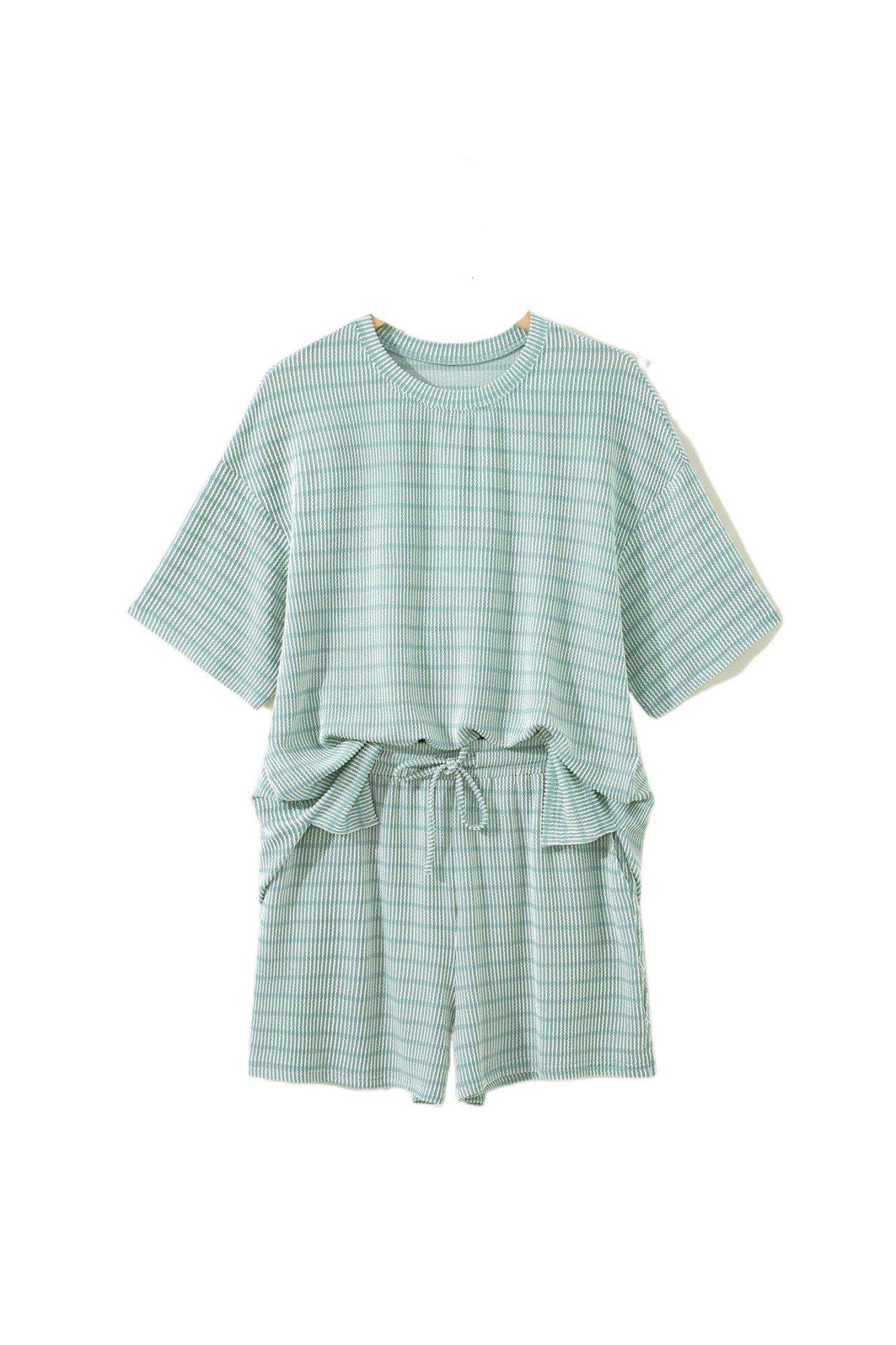Women's 2-Piece Striped Short Set – Green Ribbed Loose Tee and Drawstring Shorts, Casual Daily Outfit - Main View Women's 2-Piece Striped Short Set – Green Ribbed Loose Tee and Drawstring Shorts, Casual Daily Outfit - Main View