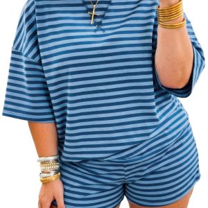 Women's Blue Stripe Two-Piece Set – Casual Dropped Shoulder Tee and High Waist Shorts - Main View