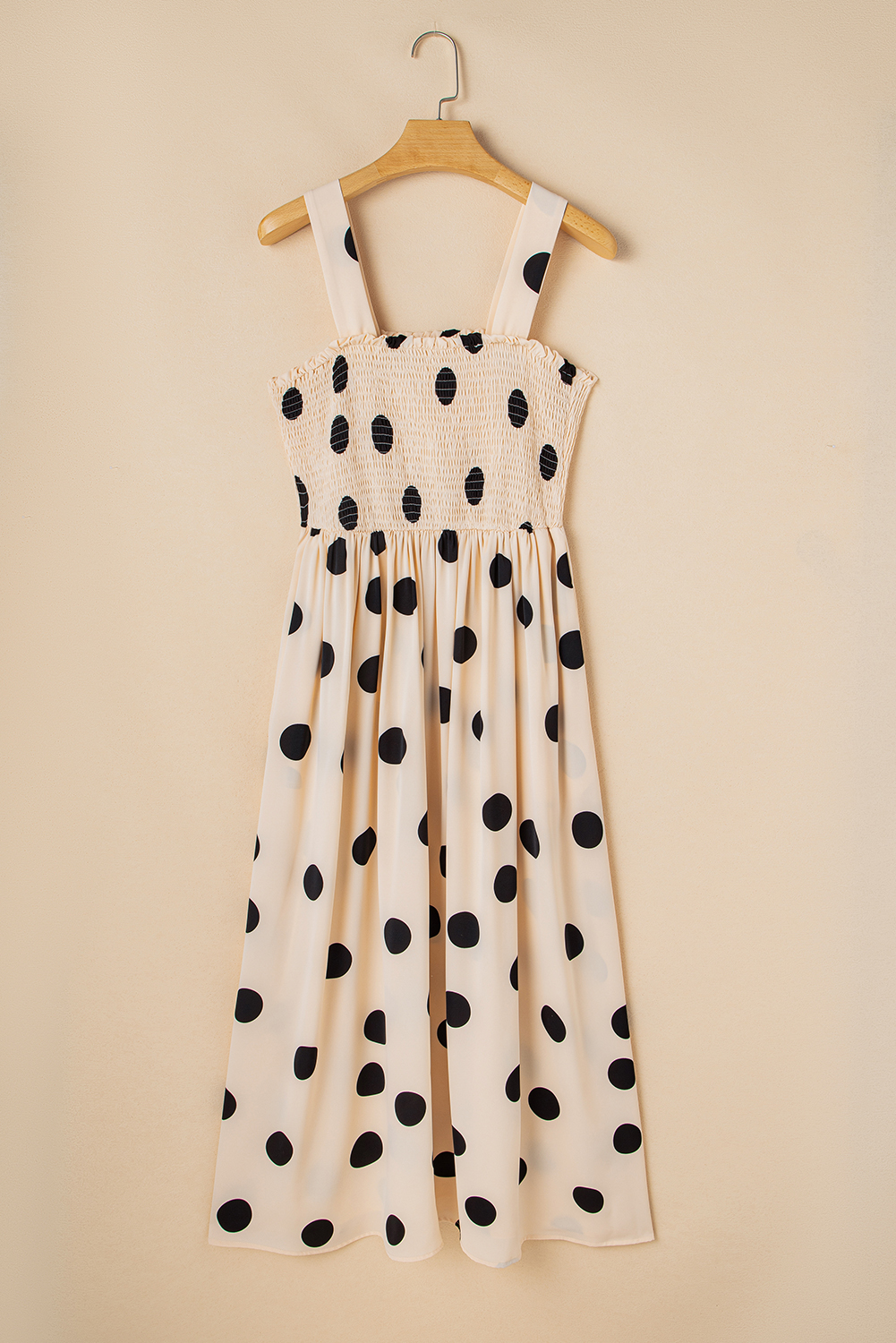 Women's Dress, Oatmeal, Polka Dot, Smocked, Fit and Flare, Sleeveless, Long Dress, High Waist, Elegant, Flowy Skirt, Vintage Style, Daily Wear, Summer Fashion, A-Line Silhouette, Square Collar, Southern Belle Style - Detail View 4 Women's Dress, Oatmeal, Polka Dot, Smocked, Fit and Flare, Sleeveless, Long Dress, High Waist, Elegant, Flowy Skirt, Vintage Style, Daily Wear, Summer Fashion, A-Line Silhouette, Square Collar, Southern Belle Style - Detail View 4
