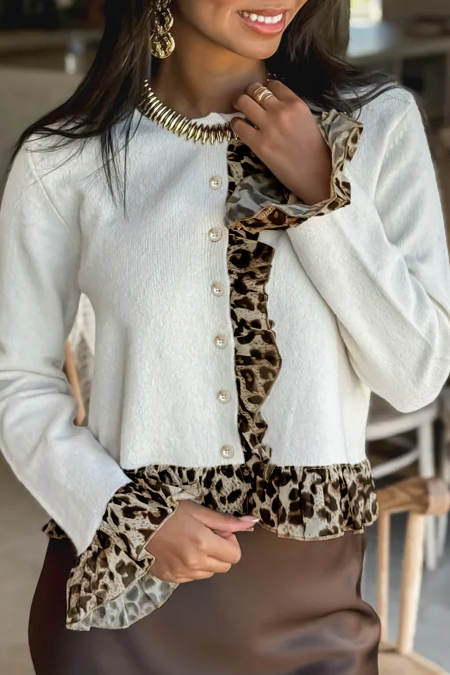 Chic White Leopard Patchwork Cardigan for Women – Stylish Button Down Cropped Top for Office & Daily Wear - Detail View 5 Chic White Leopard Patchwork Cardigan for Women – Stylish Button Down Cropped Top for Office & Daily Wear - Detail View 5