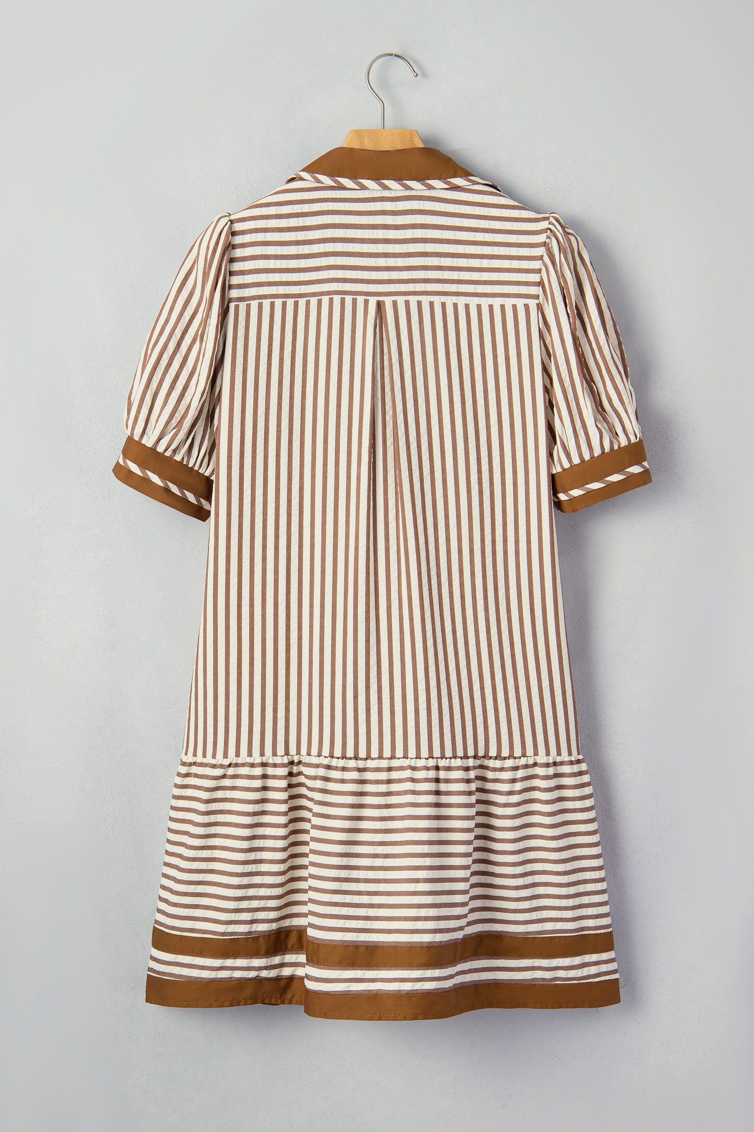 Women's Brown Stripe Ruffle Hem Mini Dress – Casual Shift - Detail View 7 Women's Brown Stripe Ruffle Hem Mini Dress – Casual Shift - Detail View 7