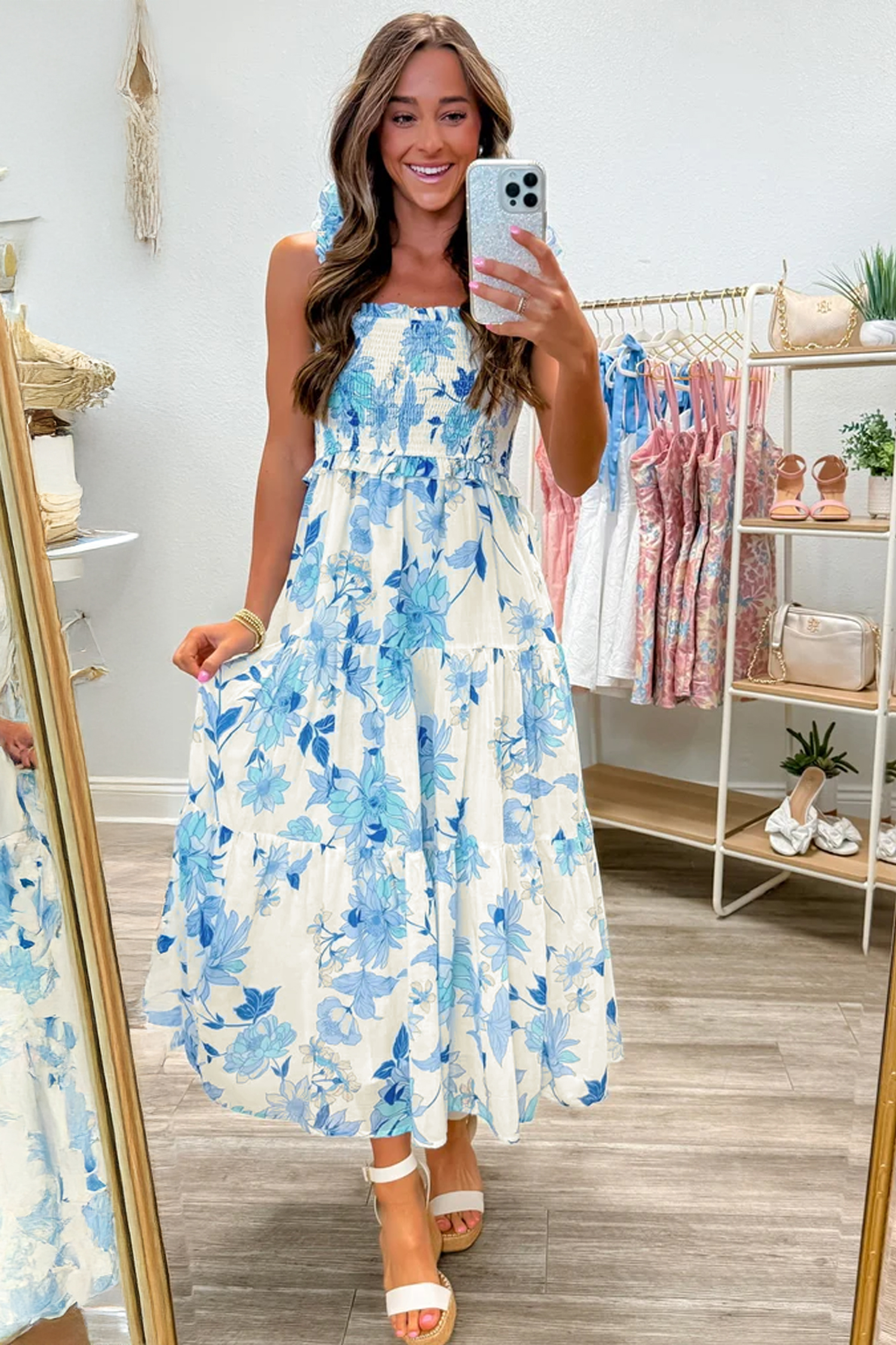 Elegant Women's Sky Blue Floral Long Dress – Shirred Bodice A-Line Maxi, Thoughtful Gift for Summer Holidays and Easter - Detail View 3 Elegant Women's Sky Blue Floral Long Dress – Shirred Bodice A-Line Maxi, Thoughtful Gift for Summer Holidays and Easter - Detail View 3