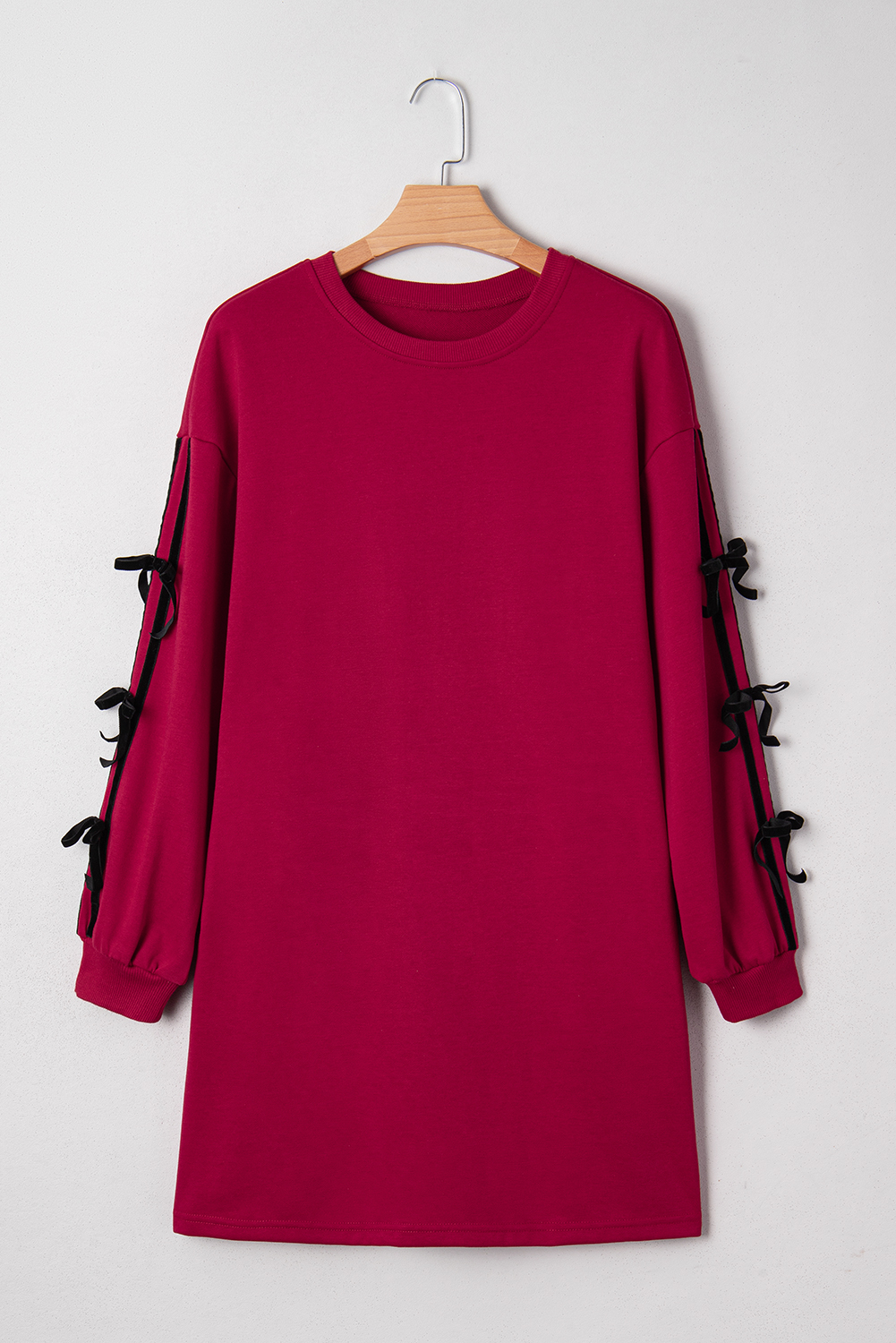 Women's Racing Red Striped Sweatshirt Dress with Bow and Pockets - Detail View 7 Women's Racing Red Striped Sweatshirt Dress with Bow and Pockets - Detail View 7
