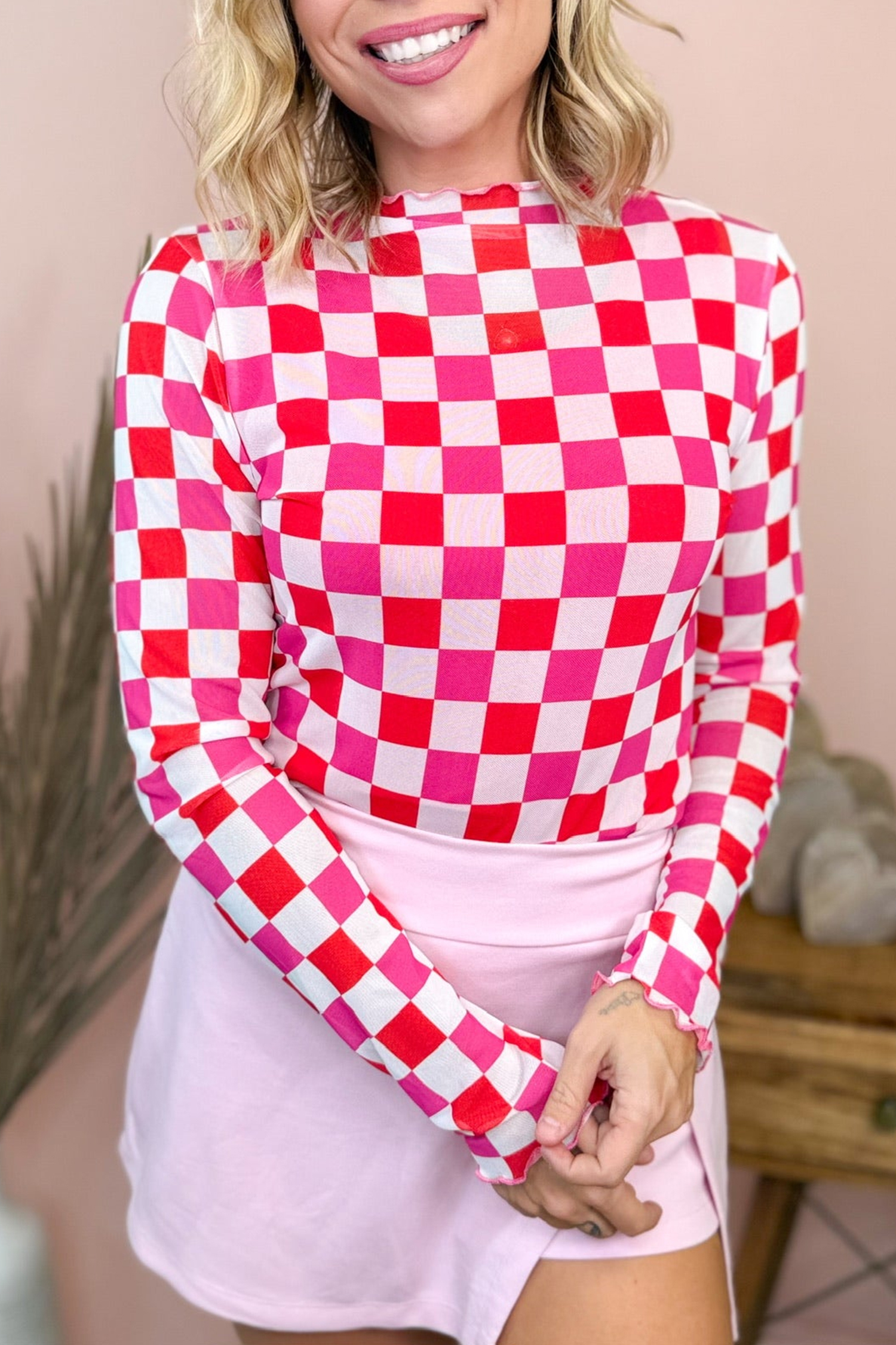 Women's Checkered Mesh Top, Rose Long Sleeve Sheer Blouse - Detail View 13 Women's Checkered Mesh Top, Rose Long Sleeve Sheer Blouse - Detail View 13