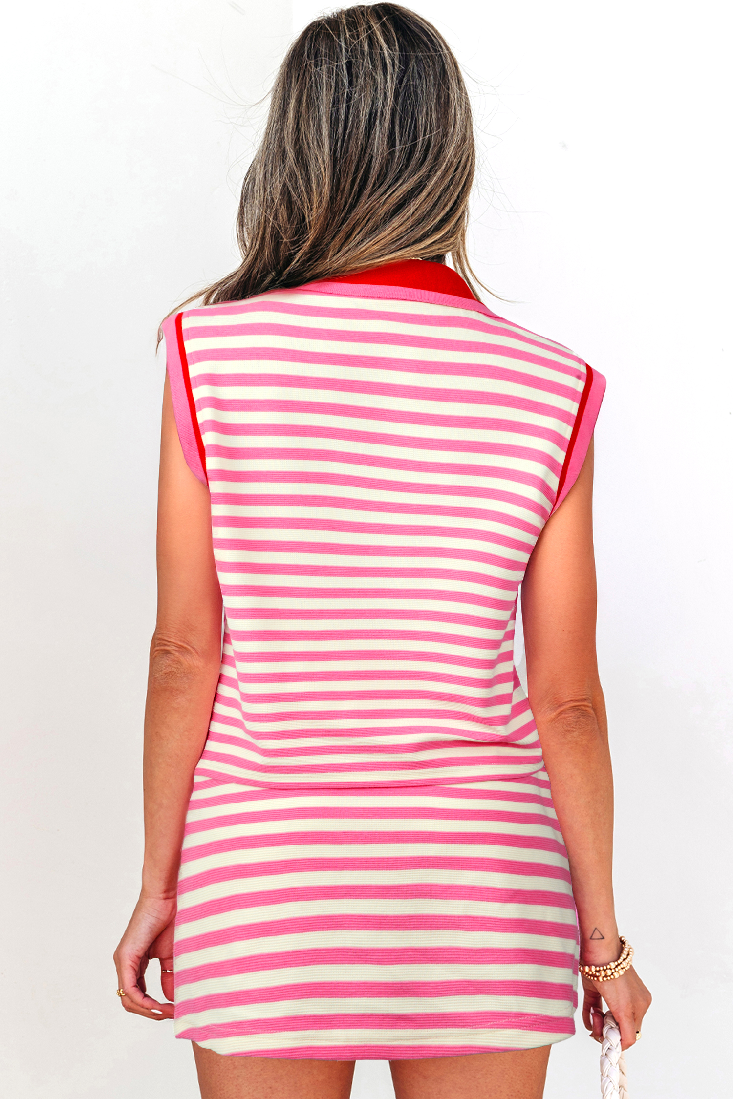 Casual Sleeveless Striped Skort Set for Women – Sachet Pink Zip Collar Outfit, Comfortable Summer Shift Style - Detail View 2 Casual Sleeveless Striped Skort Set for Women – Sachet Pink Zip Collar Outfit, Comfortable Summer Shift Style - Detail View 2