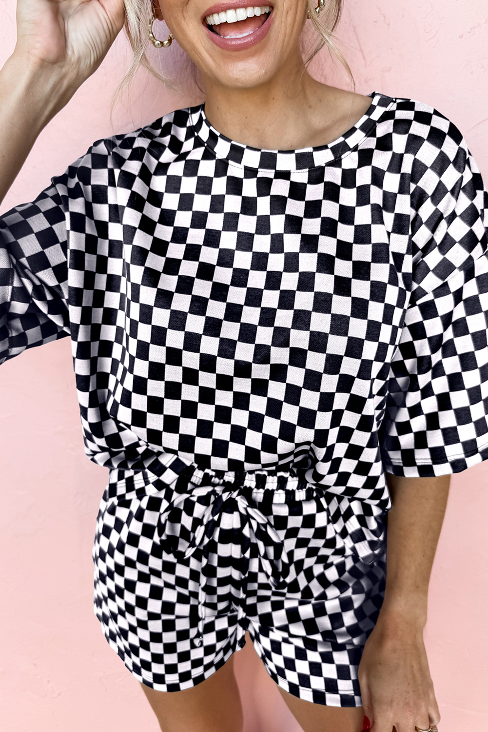 Black Plaid Short Set, Trendy Round Neck Loungewear Outfit - Detail View 2 Black Plaid Short Set, Trendy Round Neck Loungewear Outfit - Detail View 2
