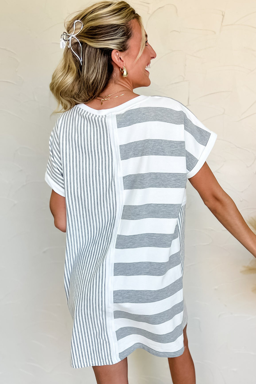 Chic and Casual Gray Striped Short Sleeve Shift Dress for Summer - Detail View 2 Chic and Casual Gray Striped Short Sleeve Shift Dress for Summer - Detail View 2