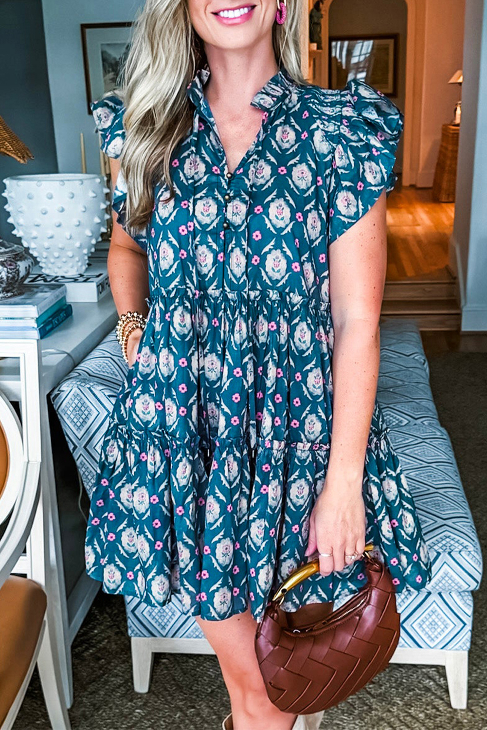 Women's Dress, Blue Dress, Retro Floral Print, Short Sleeve, Ruffle Sleeve, Split Neck, A-Line Silhouette, Summer Fashion, Casual Wear, Vintage Style, Playful Design, Polyester Dress, Daily Wear, Bohemian Style - Detail View 8 Women's Dress, Blue Dress, Retro Floral Print, Short Sleeve, Ruffle Sleeve, Split Neck, A-Line Silhouette, Summer Fashion, Casual Wear, Vintage Style, Playful Design, Polyester Dress, Daily Wear, Bohemian Style - Detail View 8