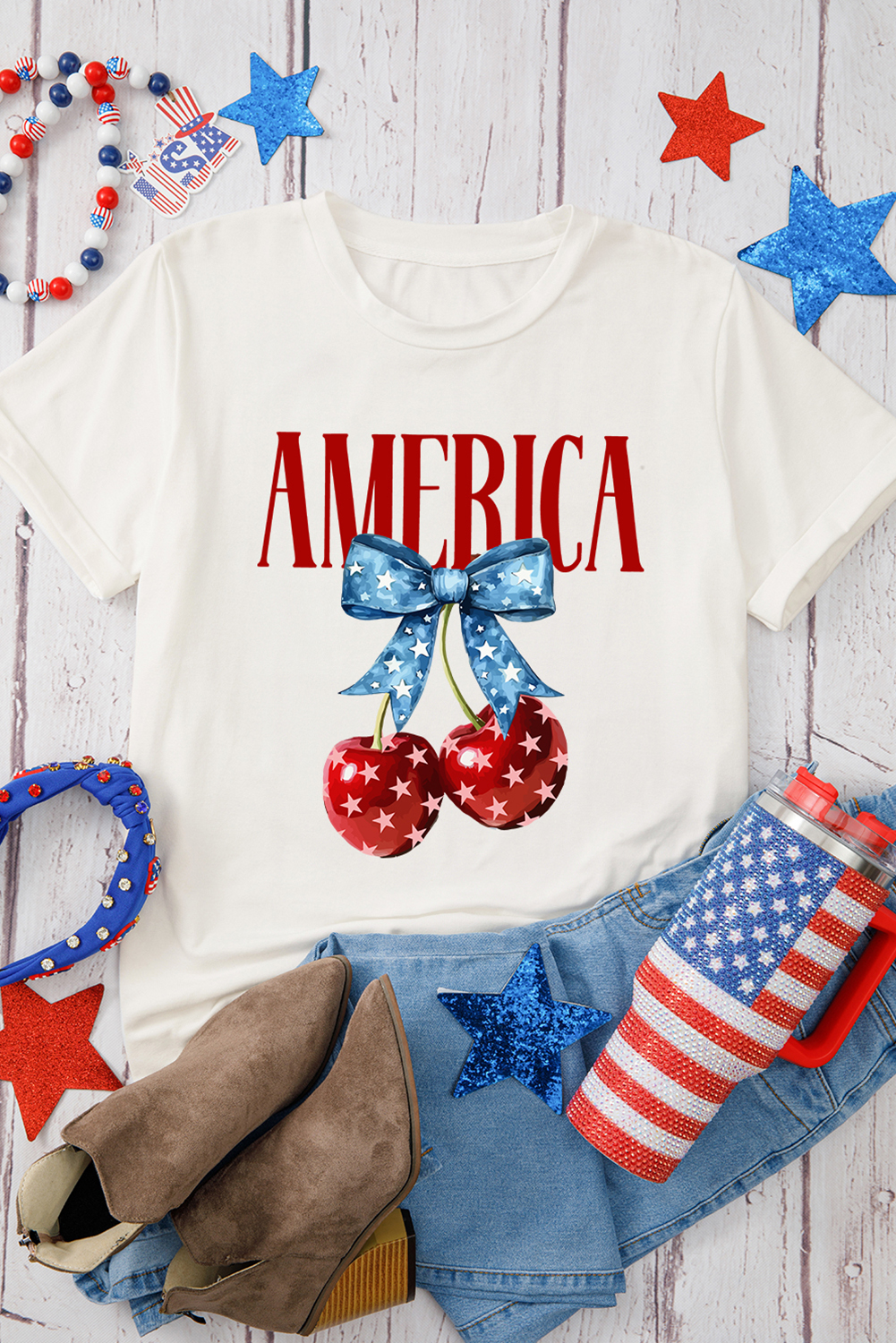 Women's Graphic T-Shirt, White Cherry Print, AMERICA Design, Crewneck, Casual Style, Summer Fashion, Independence Day, Timeless Look, Family Gatherings, Concerts, Festivals, Comfortable Fit, Short Sleeve - Detail View 8 Women's Graphic T-Shirt, White Cherry Print, AMERICA Design, Crewneck, Casual Style, Summer Fashion, Independence Day, Timeless Look, Family Gatherings, Concerts, Festivals, Comfortable Fit, Short Sleeve - Detail View 8