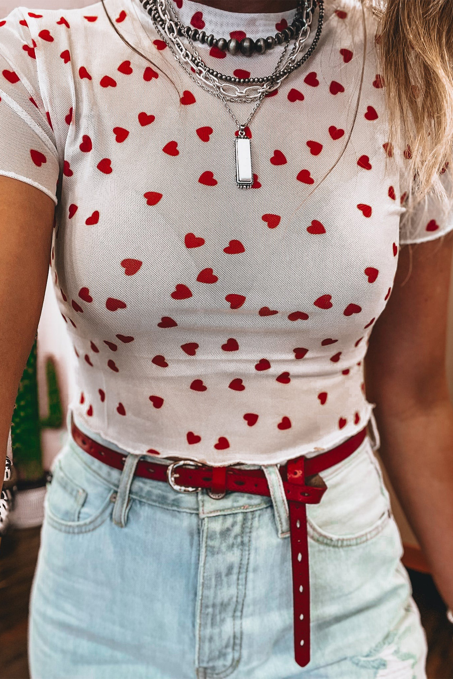 Women's Red Heart Print Mesh Top – Short Sleeve Casual Style for Daily Outings - Detail View 10 Women's Red Heart Print Mesh Top – Short Sleeve Casual Style for Daily Outings - Detail View 10