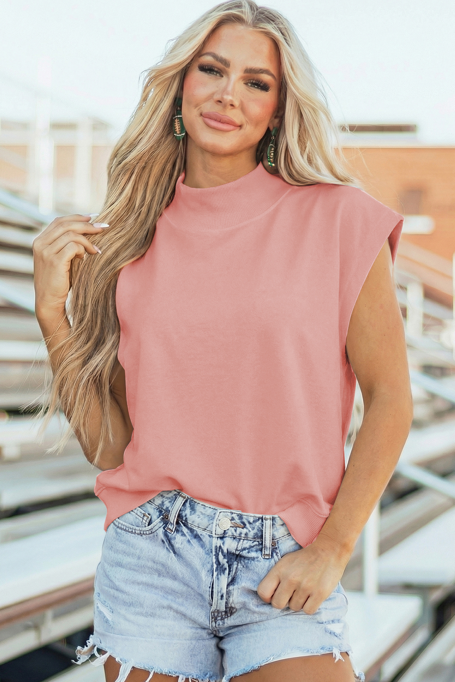 Women's Pink High Neck Cap Sleeve Top – Casual Loose Shift Blouse for Daily Wear - Detail View 13 Women's Pink High Neck Cap Sleeve Top – Casual Loose Shift Blouse for Daily Wear - Detail View 13