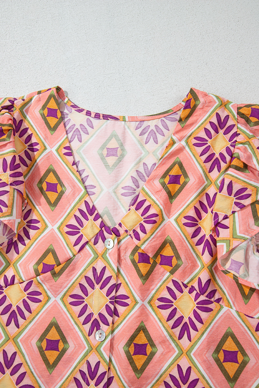 Women's Dress, Orange Mini Dress, Geometric Floral, V Neck, Ruffled Sleeves, Buttoned Detail, Casual Wear, Bohemian Style, Daily Dress, Summer Fashion, Flattering Fit, Playful Design, H-Line Silhouette, Short Sleeve, Stylish Outfit, Elegant Look - Detail View 16 Women's Dress, Orange Mini Dress, Geometric Floral, V Neck, Ruffled Sleeves, Buttoned Detail, Casual Wear, Bohemian Style, Daily Dress, Summer Fashion, Flattering Fit, Playful Design, H-Line Silhouette, Short Sleeve, Stylish Outfit, Elegant Look - Detail View 16