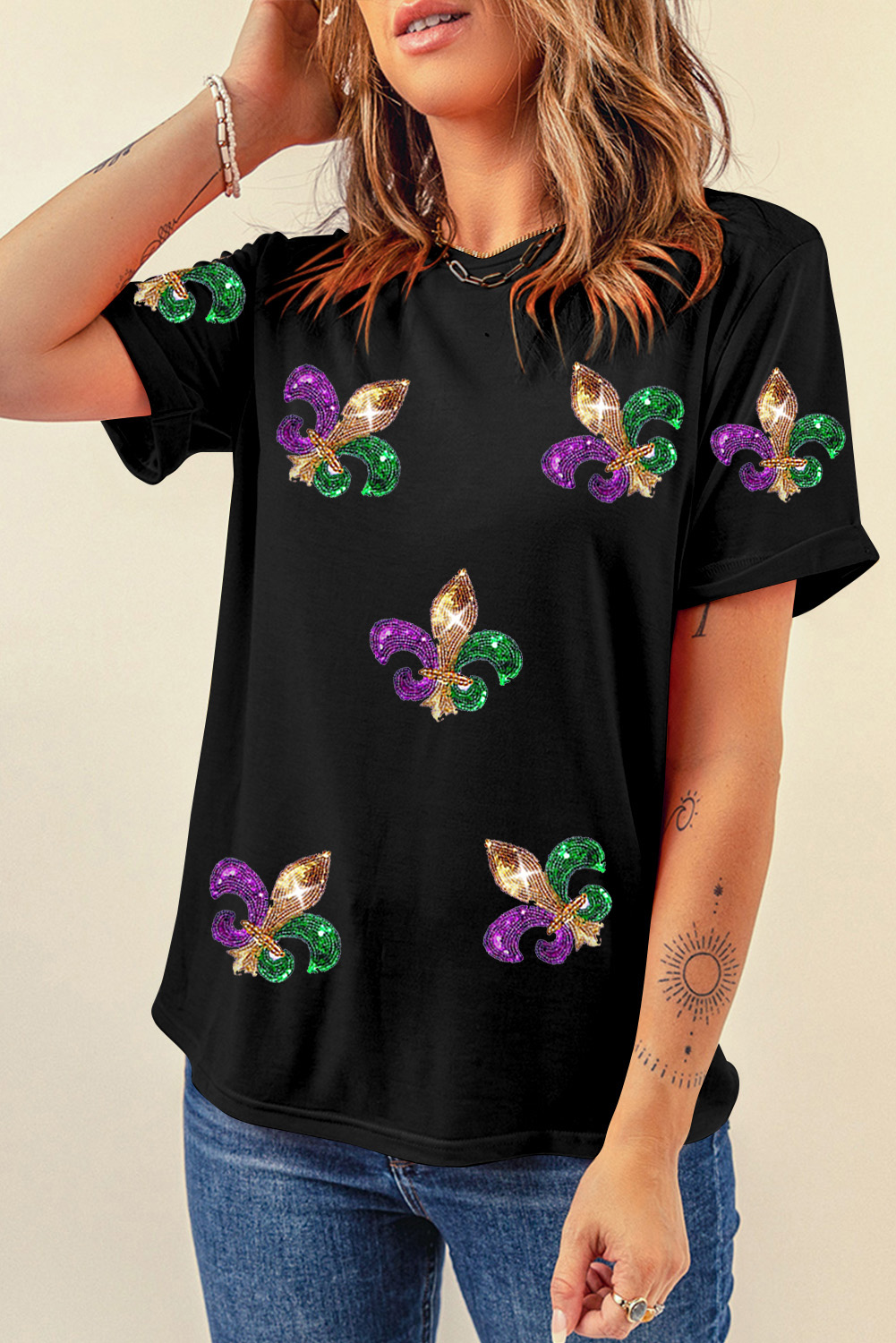 Durable Women's Crewneck T-Shirt for Mardi Gras Celebrations - Unique Patched Design - Detail View 3 Durable Women's Crewneck T-Shirt for Mardi Gras Celebrations - Unique Patched Design - Detail View 3