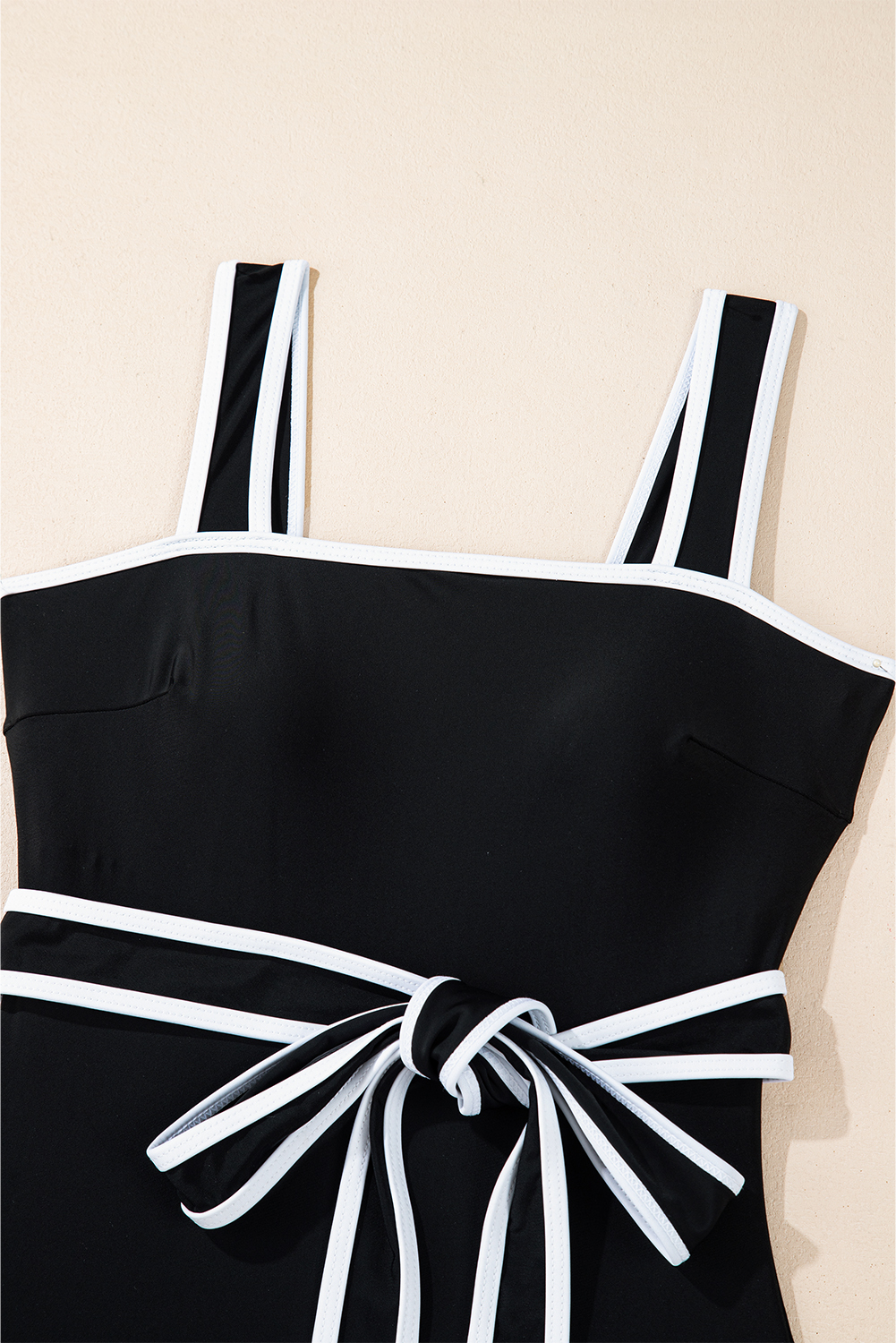Women's Elegant Black Colorblock Edge Belted One Piece Swimsuit with Padded Support - Detail View 21 Women's Elegant Black Colorblock Edge Belted One Piece Swimsuit with Padded Support - Detail View 21