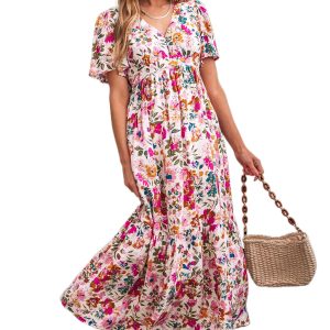 Women's Red Floral Short Sleeve V Neck High Waist Maxi Dress - Elegant and Flattering - Main View