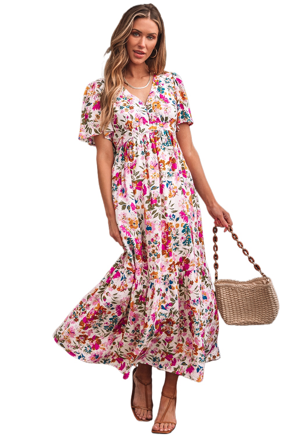Women's Red Floral Short Sleeve V Neck High Waist Maxi Dress - Elegant and Flattering - Main View Women's Red Floral Short Sleeve V Neck High Waist Maxi Dress - Elegant and Flattering - Main View