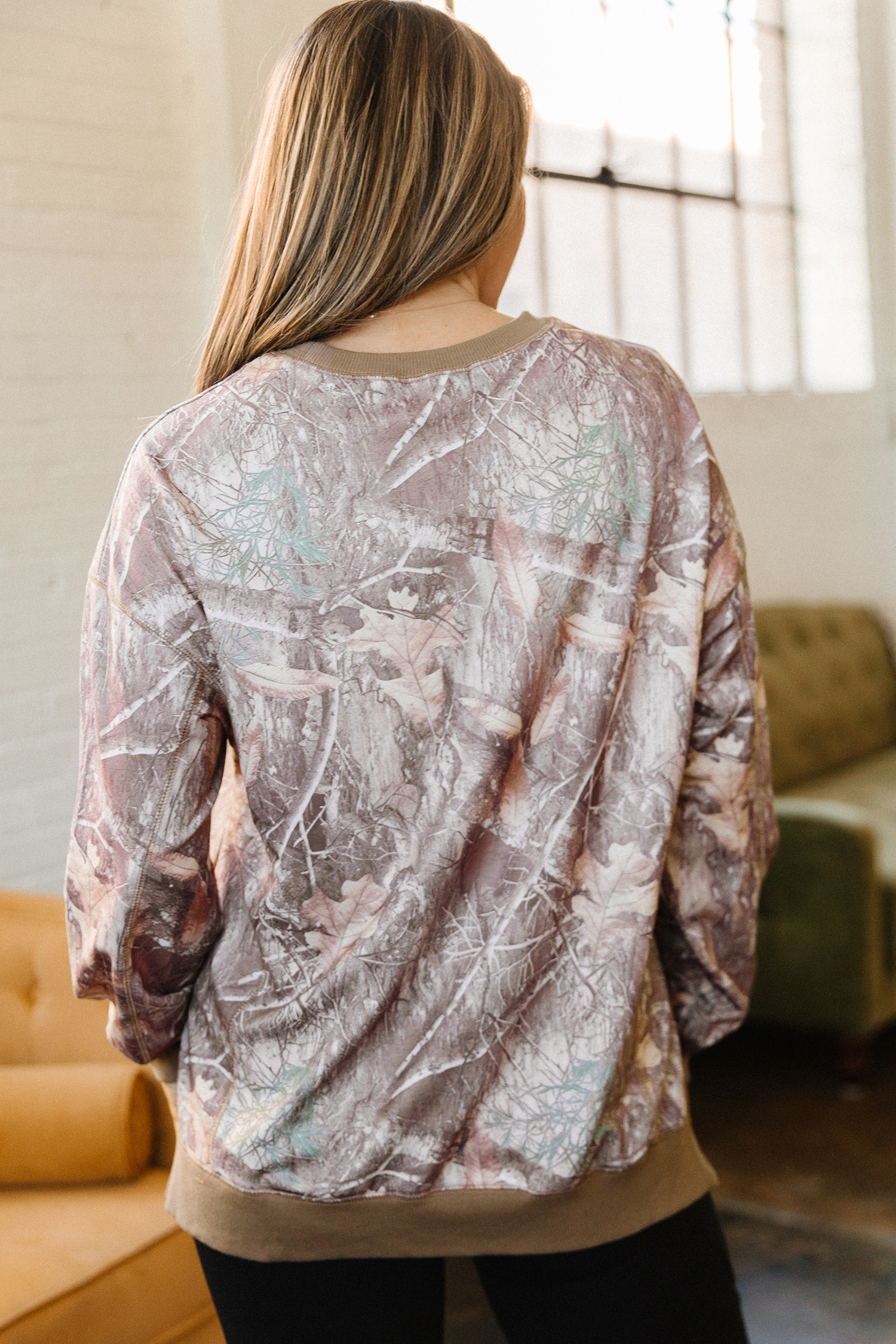 Casual Brown Camo Sweatshirt – Women's Long Sleeve Pullover - Detail View 2 Casual Brown Camo Sweatshirt – Women's Long Sleeve Pullover - Detail View 2