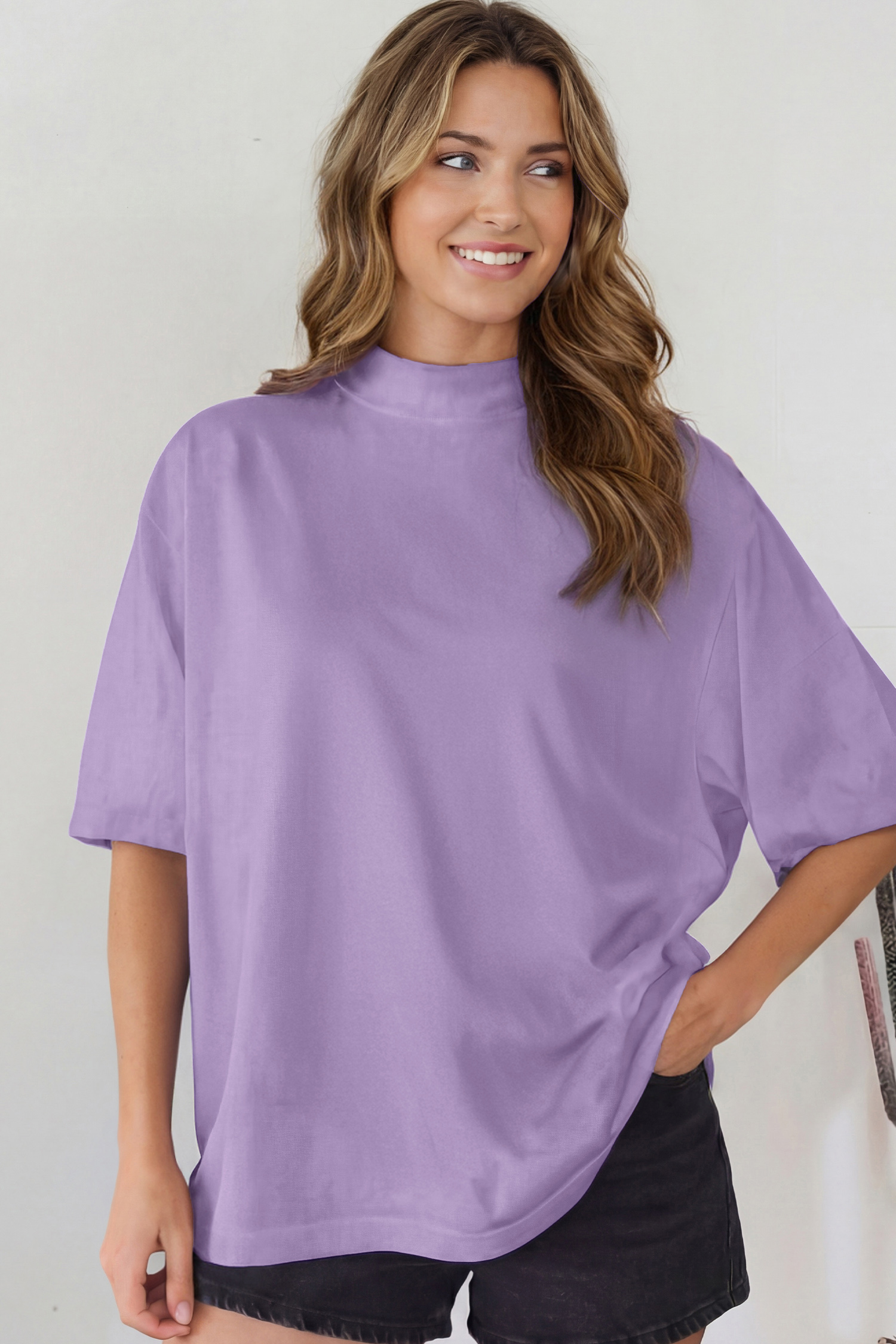 Chic Wisteria High Neck Tee for Women - Casual Oversized Short Sleeve Top, Gift for Her - Detail View 6 Chic Wisteria High Neck Tee for Women - Casual Oversized Short Sleeve Top, Gift for Her - Detail View 6