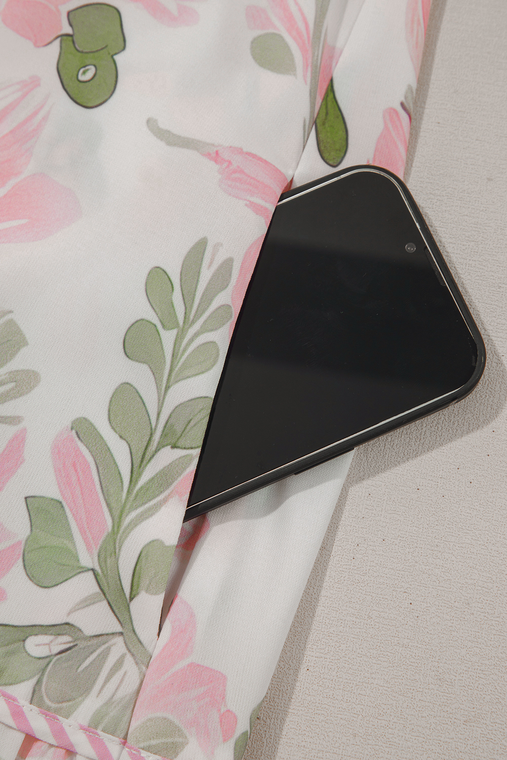 Pink Floral Summer Dress, V Neck Tiered Casual Mini Outfit - Detail View 11 Pink Floral Summer Dress, V Neck Tiered Casual Mini Outfit - Detail View 11