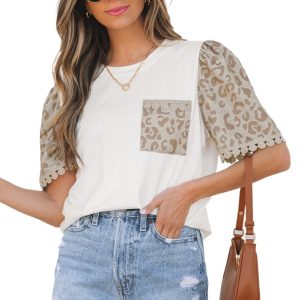 Women's Elegant White Leopard Patchwork Puff Sleeve T-Shirt with Crochet Lace Trim - Main View