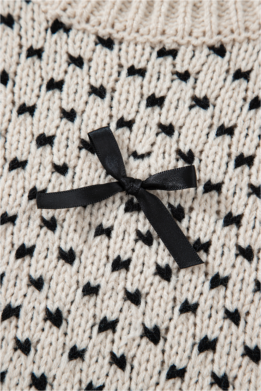Chic Beige Bow Decor Color Contrast Ribbed Edge Crew Neck Sweater for Women - Detail View 9 Chic Beige Bow Decor Color Contrast Ribbed Edge Crew Neck Sweater for Women - Detail View 9