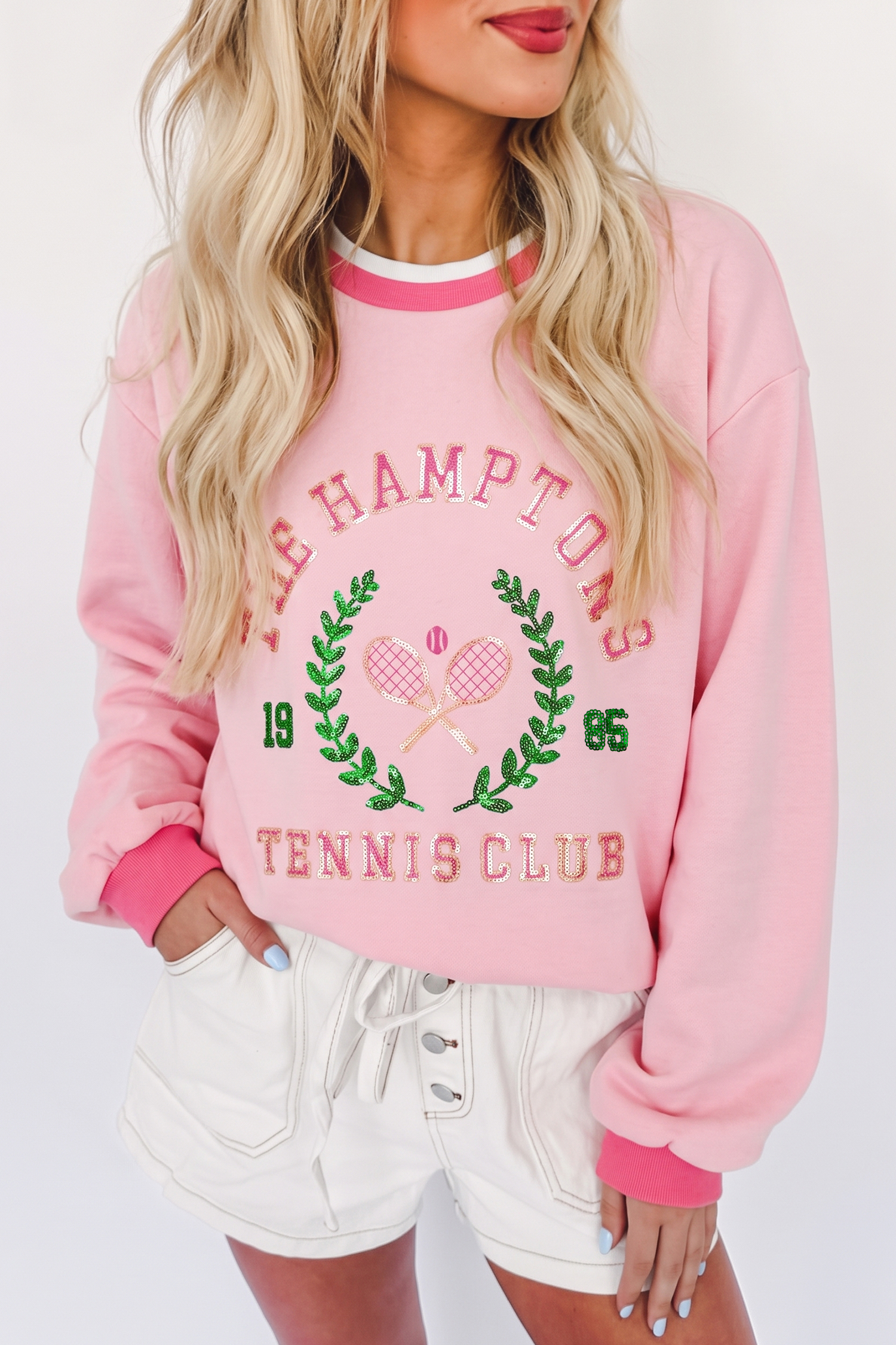 Pink Graphic Crew Neck Sweatshirt, Preppy Tennis Club Top - Detail View 5 Pink Graphic Crew Neck Sweatshirt, Preppy Tennis Club Top - Detail View 5