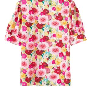 Women's Pink Floral Frilled V-Neck Blouse – Casual Puff Sleeve Top for Summer Outings - Main View