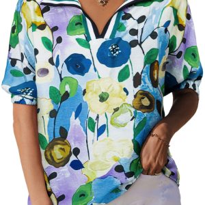 Women's Light Blue Floral Print Slit V Neck Short Sleeve Blouse - Effortlessly Feminine Style - Main View