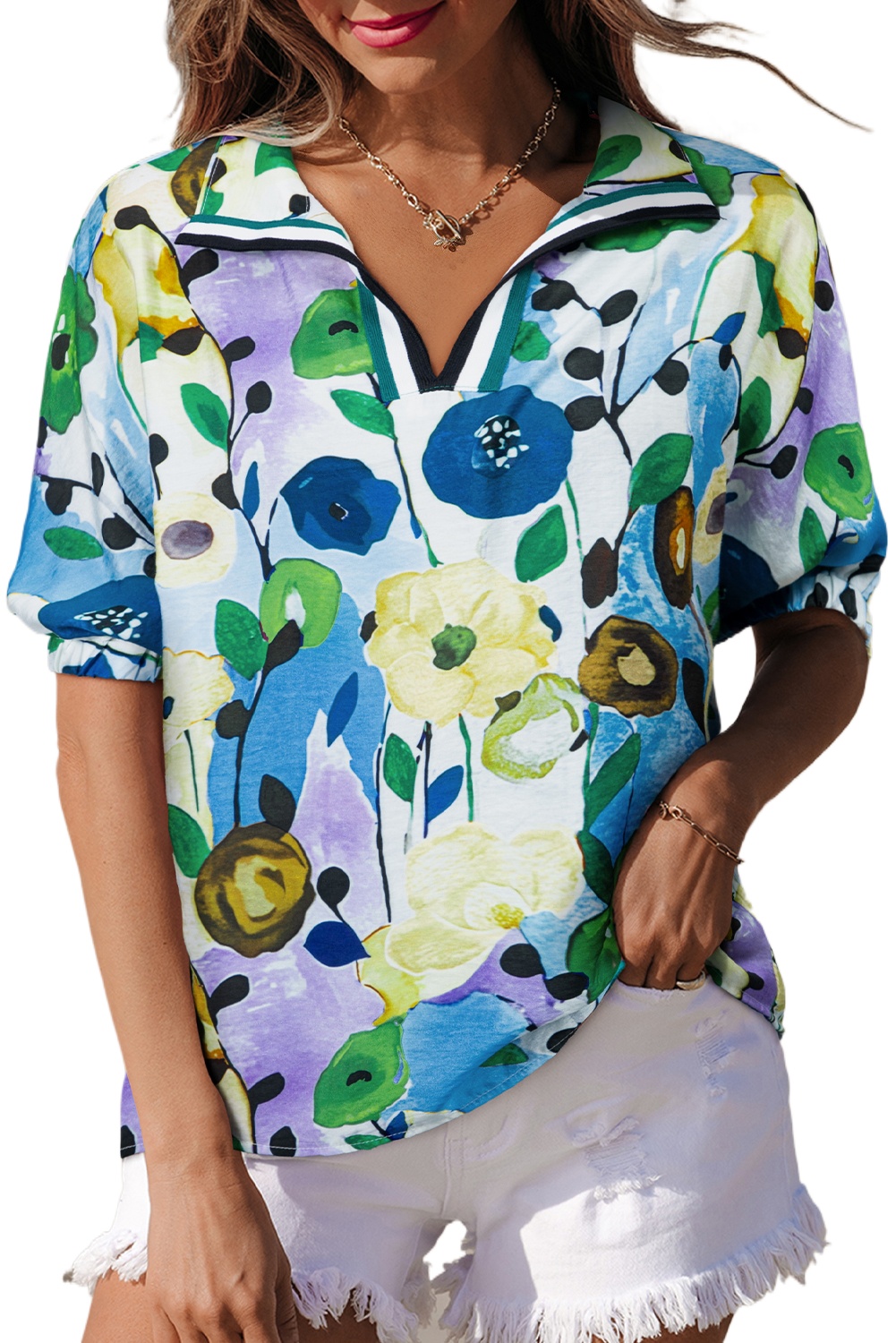 Women's Light Blue Floral Print Slit V Neck Short Sleeve Blouse - Effortlessly Feminine Style - Main View Women's Light Blue Floral Print Slit V Neck Short Sleeve Blouse - Effortlessly Feminine Style - Main View